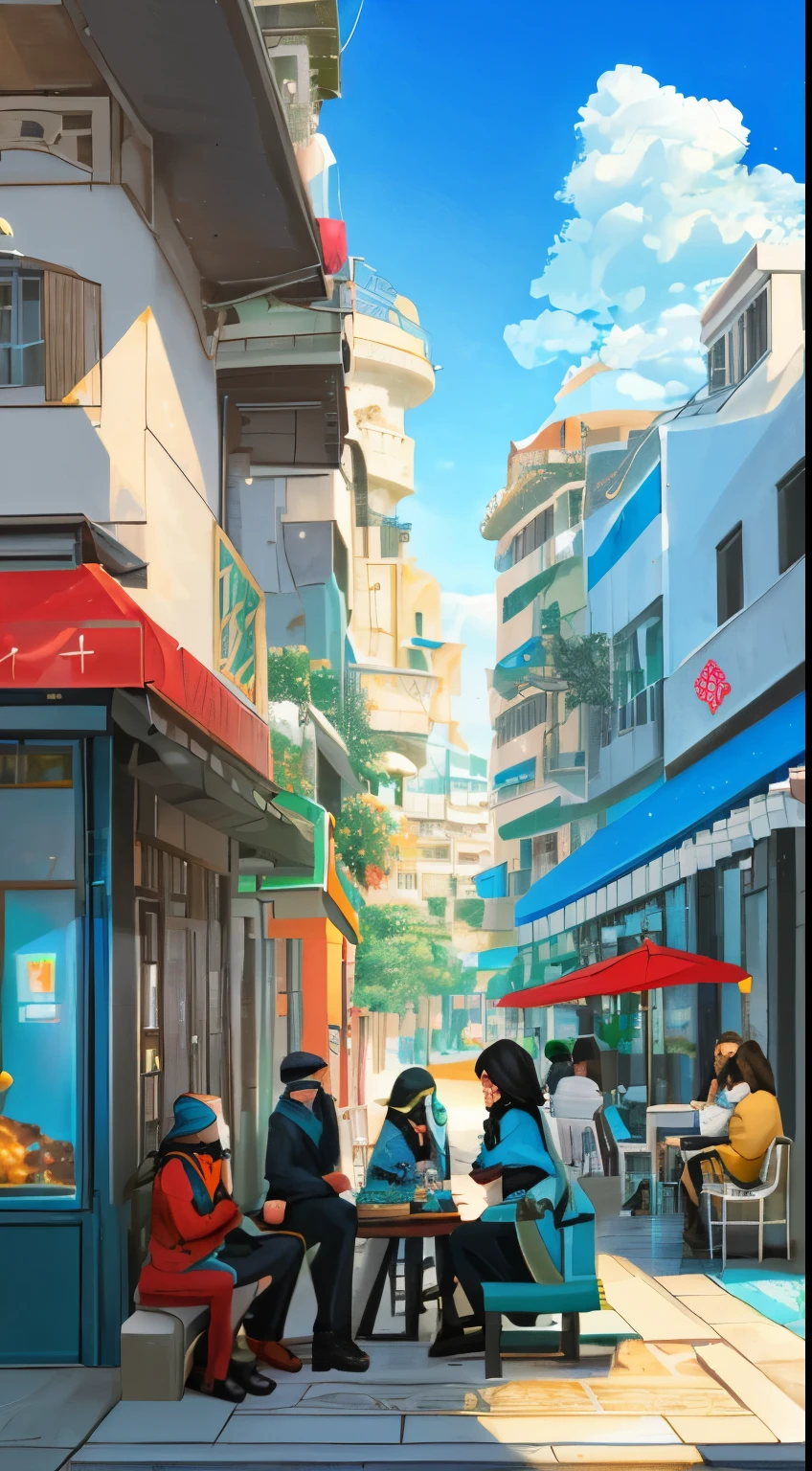 Create a captivating digital artwork depicting serene and beautiful (futuristic) Palestine oceanfront life. ((Featuring diverse cultures in a sidewalk outdoor bistro including Jewish people, Americans, Asian, Black African, children playing)). subdued colors. Let the scene evoke a sense of hope, harmony, and progress amidst the rich cultural heritage of Palestine.