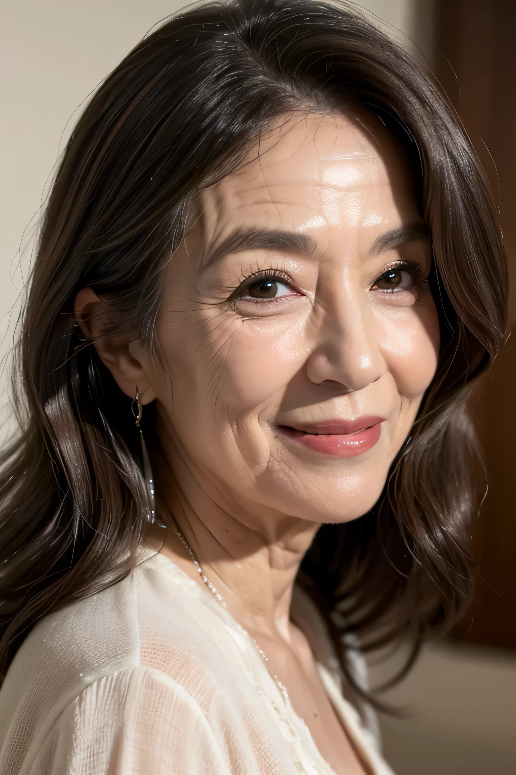 (Masterpiece:1.4),(67-year-old woman:1.4),(Wrinkles on the face1.2),smile,long wave hair,