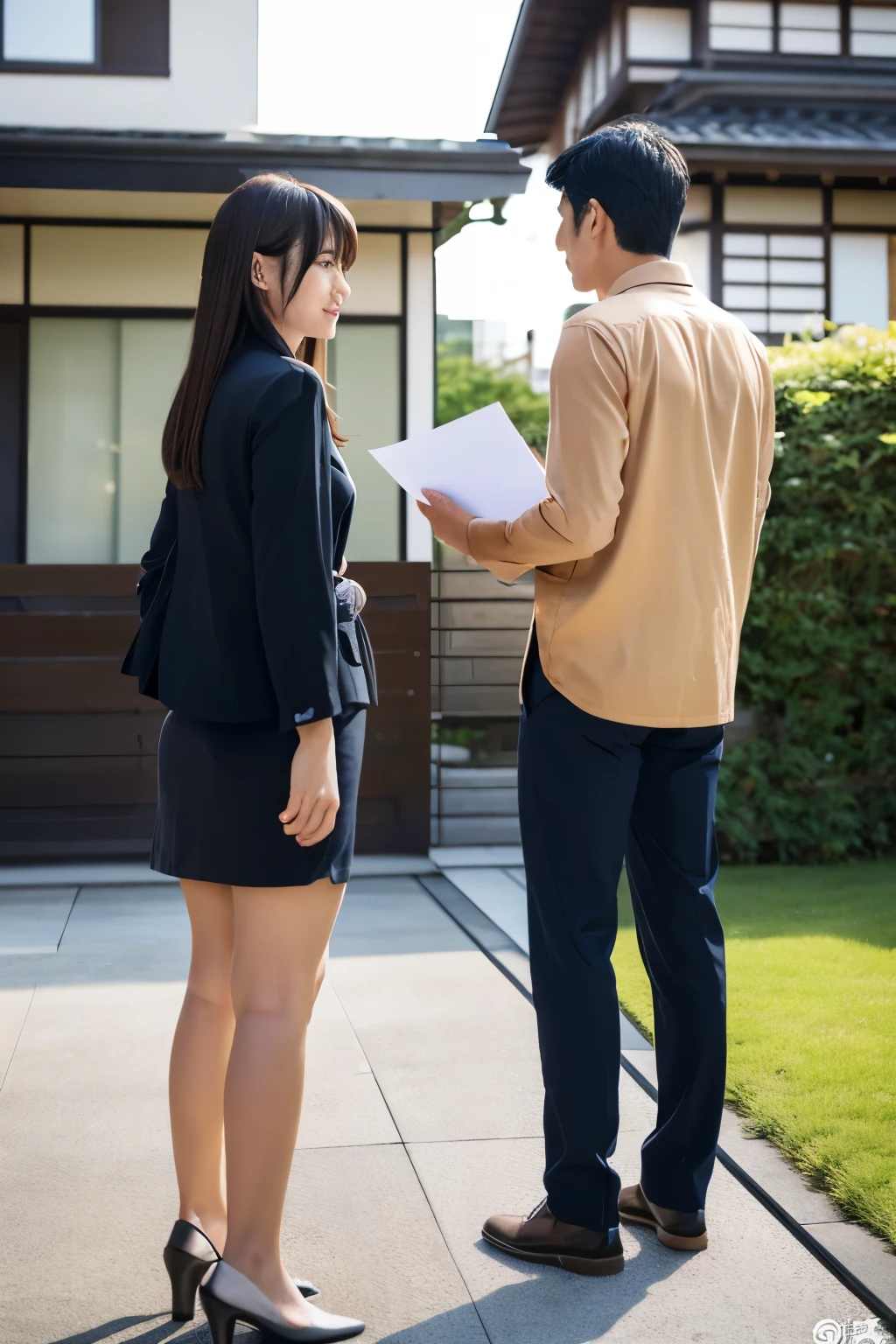 A male site manager in work clothes holding documents is having a meeting with a female client in front of a modern Japanese house.。Both the female customer and the on-site manager are seen from behind, and the on-site manager is explaining to her.、The photo is taken at a camera angle that allows you to see a little of the face.。Both the customer and the site manager are Japanese.、I'm about 40 years old。realistic pictures