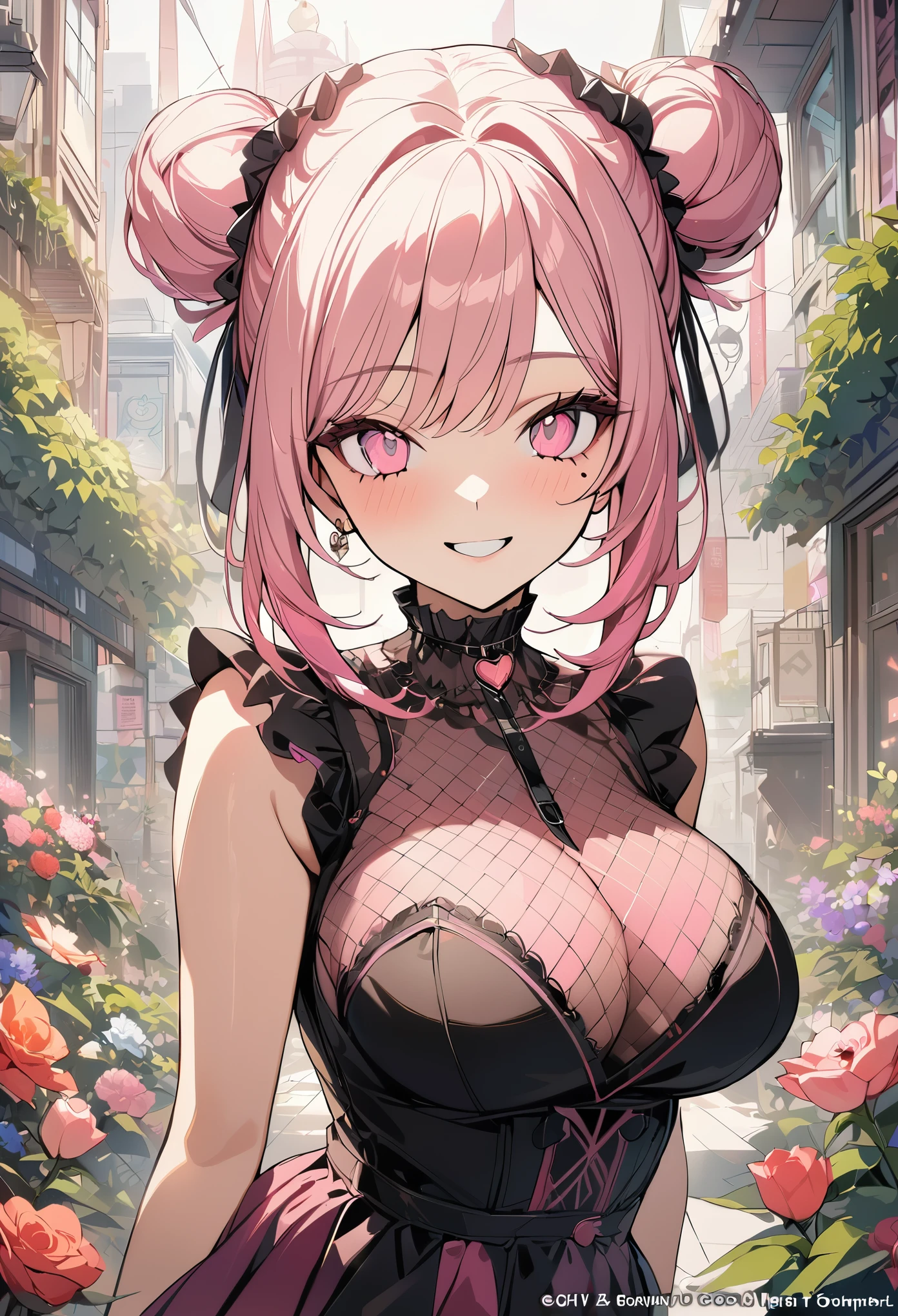 1 girl, pink long bun hair, heart shaped eyes,panda ears, {girl with pink bun bob hair、 named Nami}, (Pink eye color), {downtown}, (smile), bright background , mole under eye, heart shaped choker, (masterpiece, highest quality), very detailed, highest quality, official art, beautiful and aesthetic: 1.2), (1 girl), very detailed, (geometry art: 1.3), colorful, most detailed ?d1 girl, pink long bun hair, Eye of the symbol, +__+, big breasts, gothic costume, {A girl with long pink bun hair named Nami}, (Pink eye color), {downtown}, (smile), bright background, （garden,beautiful flower々）,mole under eye, heart shaped choker, (masterpiece, highest quality), official art, beautiful and aesthetic: 1.2), (1 girl), very detailed, (geometry art: 1.3), colorful