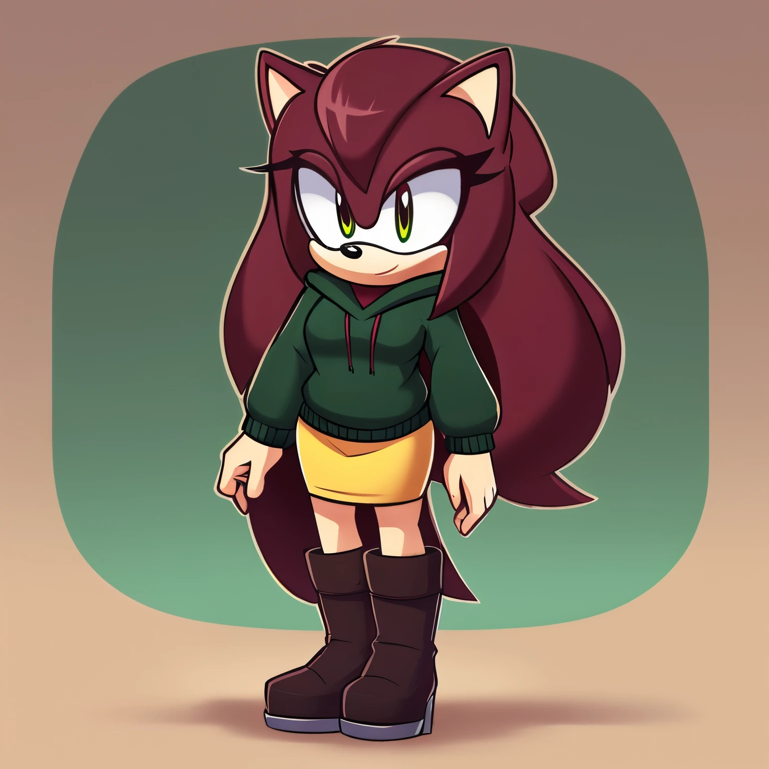 Female, Mobian, Hedgehog, Maroon fur, long hair/quills, medium breasts, darkish yellow hooded sweater with hood down, black heeled boots, shirt, black pencil skirt, standing, solo, 1girl
