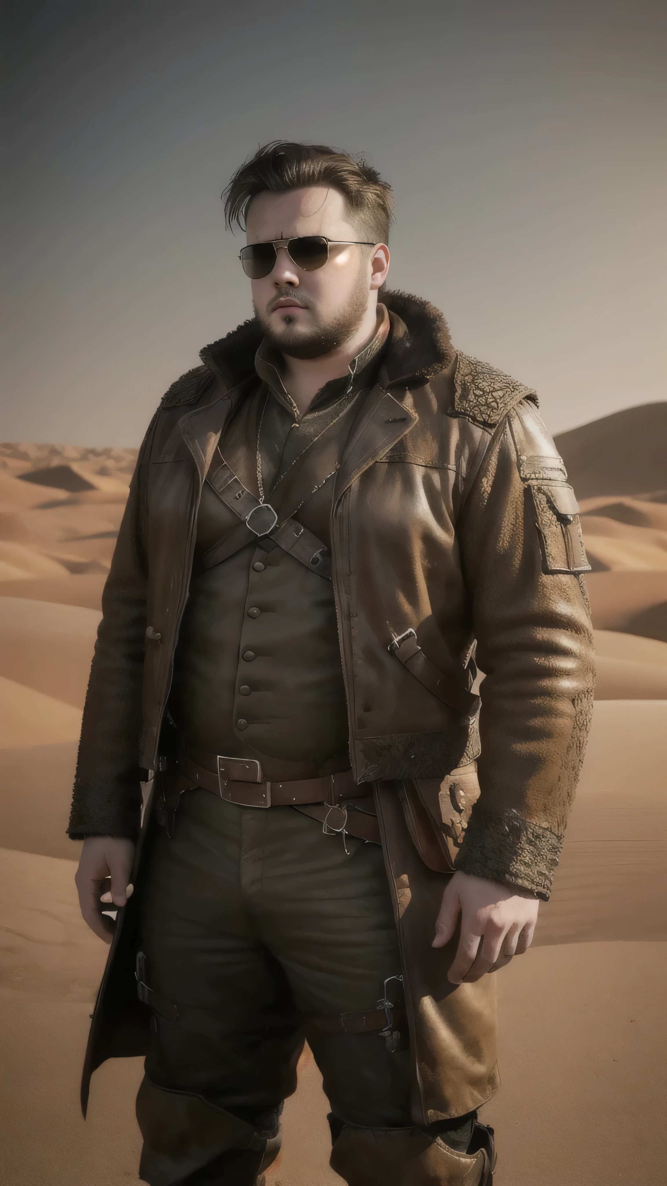 dieselpunkai, ((John Bradley)) as Samwell Tarly, dieselpunk sunglasses, (dieselpunk outfit), (standing in a outfit desert), 1man, solo, beautiful detailed glow, detailed, cinematic light, intricate detail, realistic, highres, detailed facial features, high detail, sharp focus, smooth, aesthetic, extremely detailed, stamp, octane render