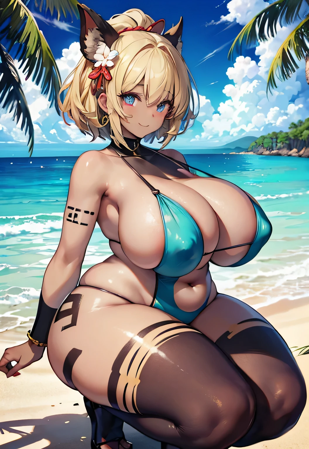 anime illustration、Highest image quality、Sandy beaches on uninhabited islands、A plump, dark-skinned, tropical tribe shrine maiden、perfect proportions、beautiful eyes、wild costume、Overwhelmingly big breasts beyond the norm、thick legs、cowboy shot、Cheerful smile、Estrus、squatting、body paint、face paint