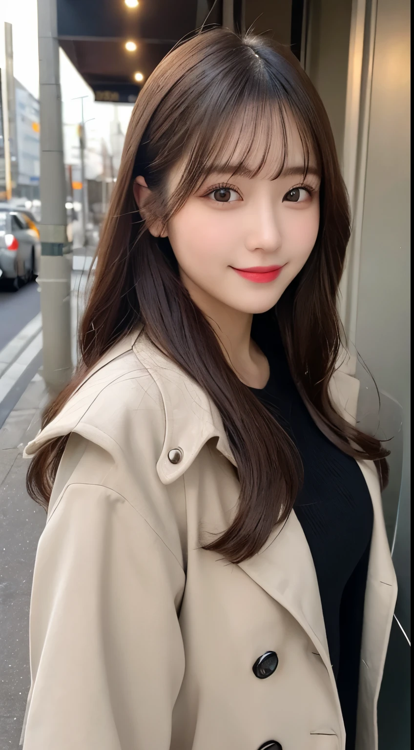 table top, highest quality, shape, Super detailed, finely, High resolution, 8k wallpaper, 完璧なダイナミックな構shape, beautiful and detailed eyes, Gorgeous black fluffy Tokyo winter clothes,ランダムなcute髪,,natural color lip, bold sexy pose,smile、20 year old girl、cute、sexy shot looking at camera,Always blur the background,perfect and beautiful face,Take only the face,Beautiful and dense face、slim face and style,Big eyes、Do gal makeup,small face,Wearing a luxury brand spring trench coat
