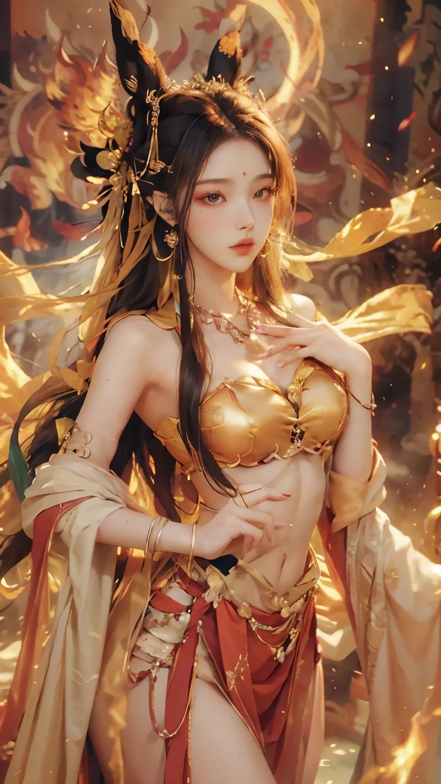 Best quality, a true masterpiece in ultra high resolution, (photoactual:1.4), showcasing the beauty of a single girl with a fair face and delicate skin. The camera captures her entire body, adorned with exquisite yuhuoshu jewelry, as she stands alone in the frame. Her ears adorned with shimmering earrings that catch the light, enhancing her elegance. The photo, with its (fire:1.3) quality, creates a vague yet captivating atmosphere, leaving the viewer entranced by her presence. Her lips, painted with a color that is almost naked, add a touch of sensuality to the image, perfectly complementing her enchanting aura.