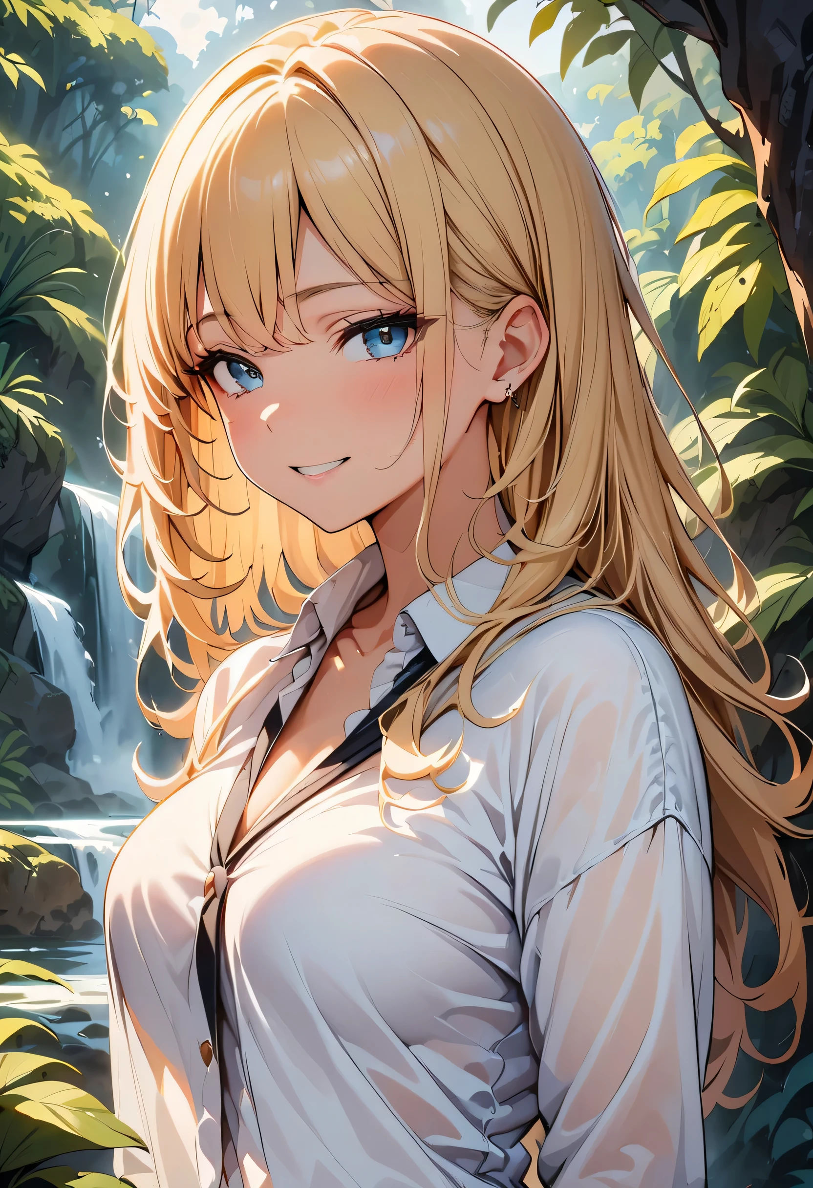 (Masterpiece, Best Quality, High Quality, Highres:1.4), Detailed, Extremely Detailed, Ambient Soft Lighting, 4K,Blurry, Blurry Background, Depth of Field, Bokeh, DOF, Fog, Bloom, Outdoors, (Nature, tropical forest:1.2), (Rocks:1.2), Mountais, Plants, waterfall,
