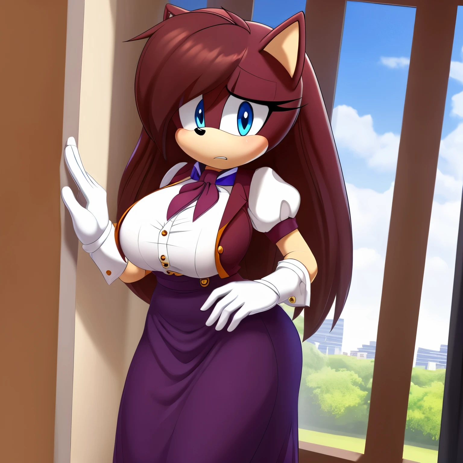 Female, Mobian, Hedgehog, Maroon fur, long hair/quills, breasts, standing, solo, 1girl, blue eyes, masterpiece, best quality, 1girl, solo, average sized breasts, ((looking at viewer)), smile, long skirt, shirt, gloves, long dress, half body, short sleeves, puffy sleeves, collared shirt, white gloves, vest, arm up, black high heels, puffy short sleeves, ascot, buttons, happy, dress, furry, vest, body fur, ascot, blue eyes, furry female, sonic the hedgehog \(series\), perfect anatomy, vest, puffy sleeves, dress, hands held together in a polite manner, house, city view window, motherly figure, (milf sized proportions), some makeup, (((sad and scared)))