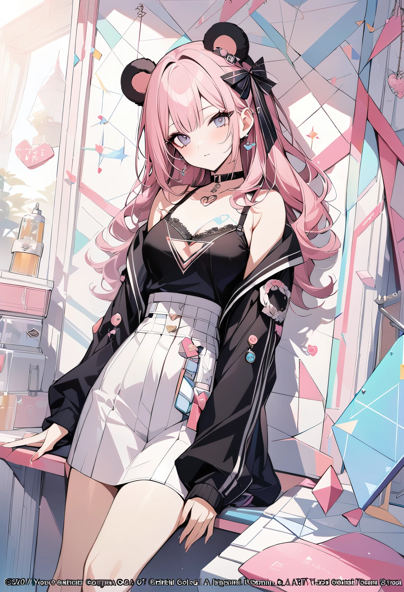 ,beautiful flower々),mole under eye, heart shaped choker, (masterpiece, highest quality), official art, beautiful and aesthetic: 1.2), (1 girl), very detailed, (geometry art: 1.3), colorful、pink bob hair、Cat ear、 whole body