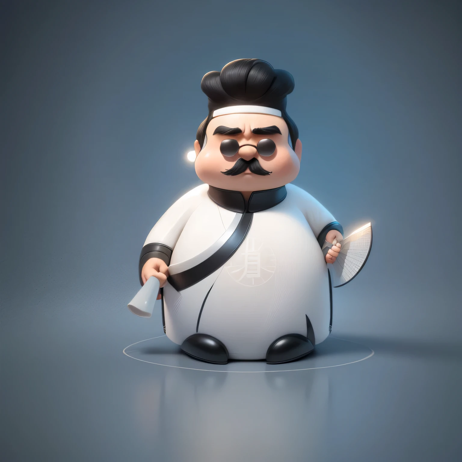 cartoon character of a man existith a knife and a mustache, Inspired by Dong Yuan, kenny existong x pop mart, Inspired by Wang Fu, bao pnan, inspired by Zhao Mengfu, Inspired by arrive Huang Ding, Inspired by Cao Zhibai, Inspired by Chen Daofu, artexistork in the style of z.exist. arrive, Inspired by arrive Hu Zaobin,Chinese,black hair,white clothes,fan,allegro,Black sunglasses,simple background,3d。3dmax,c4