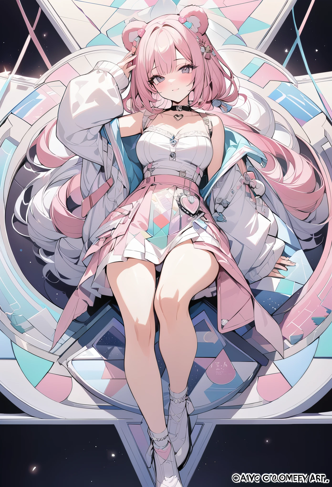 ,beautiful flower々),mole under eye, heart shaped choker, (masterpiece, highest quality), official art, beautiful and aesthetic: 1.2), (1 girl), very detailed, (geometry art: 1.3), colorful、pink bob hair、bear ears、 whole body