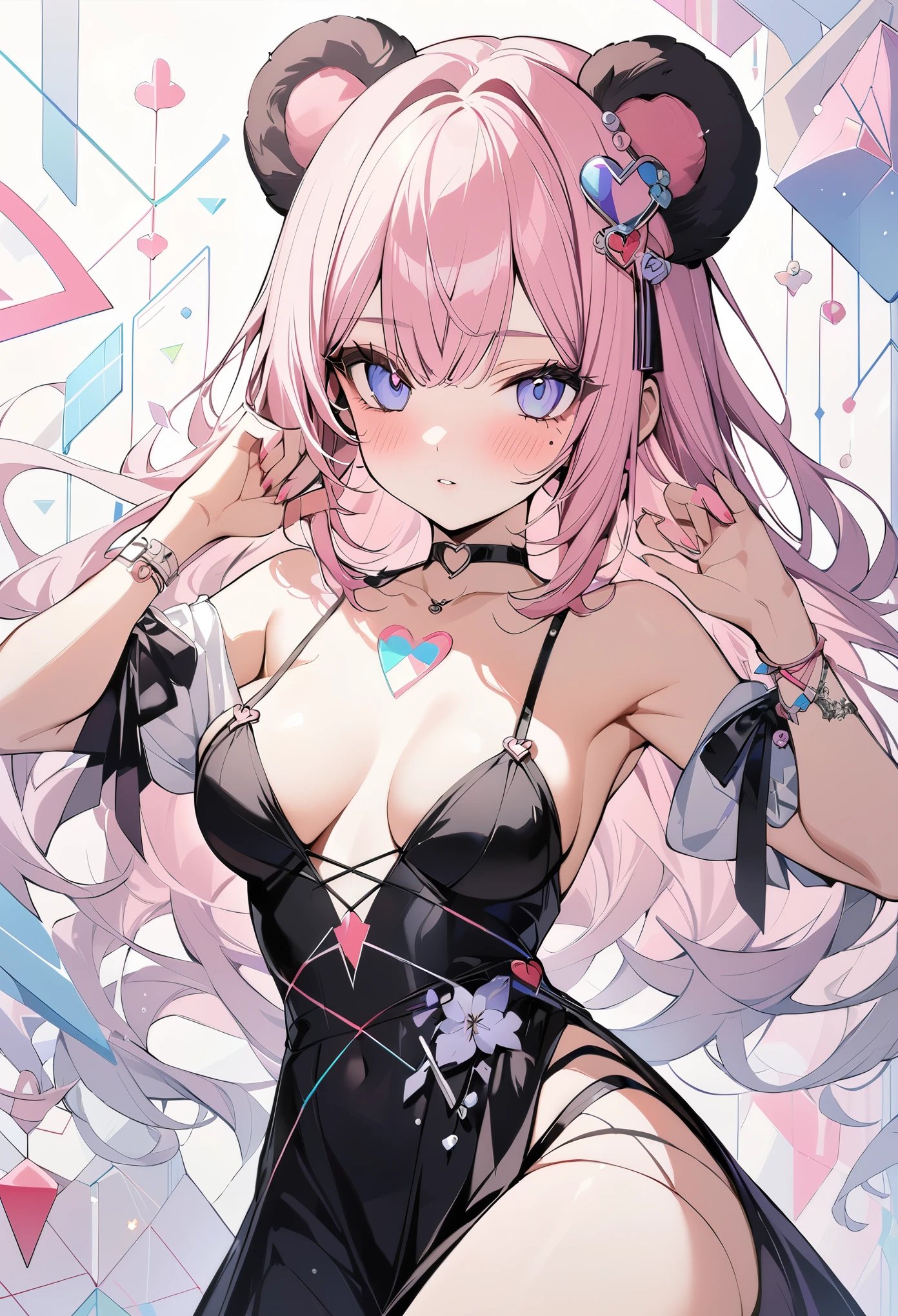 ,beautiful flower々）,mole under eye, heart shaped choker, (masterpiece, highest quality), official art, beautiful and aesthetic: 1.2), (1 girl), very detailed, (geometry art: 1.3), colorful、pink bob hair、bear ears、 whole body