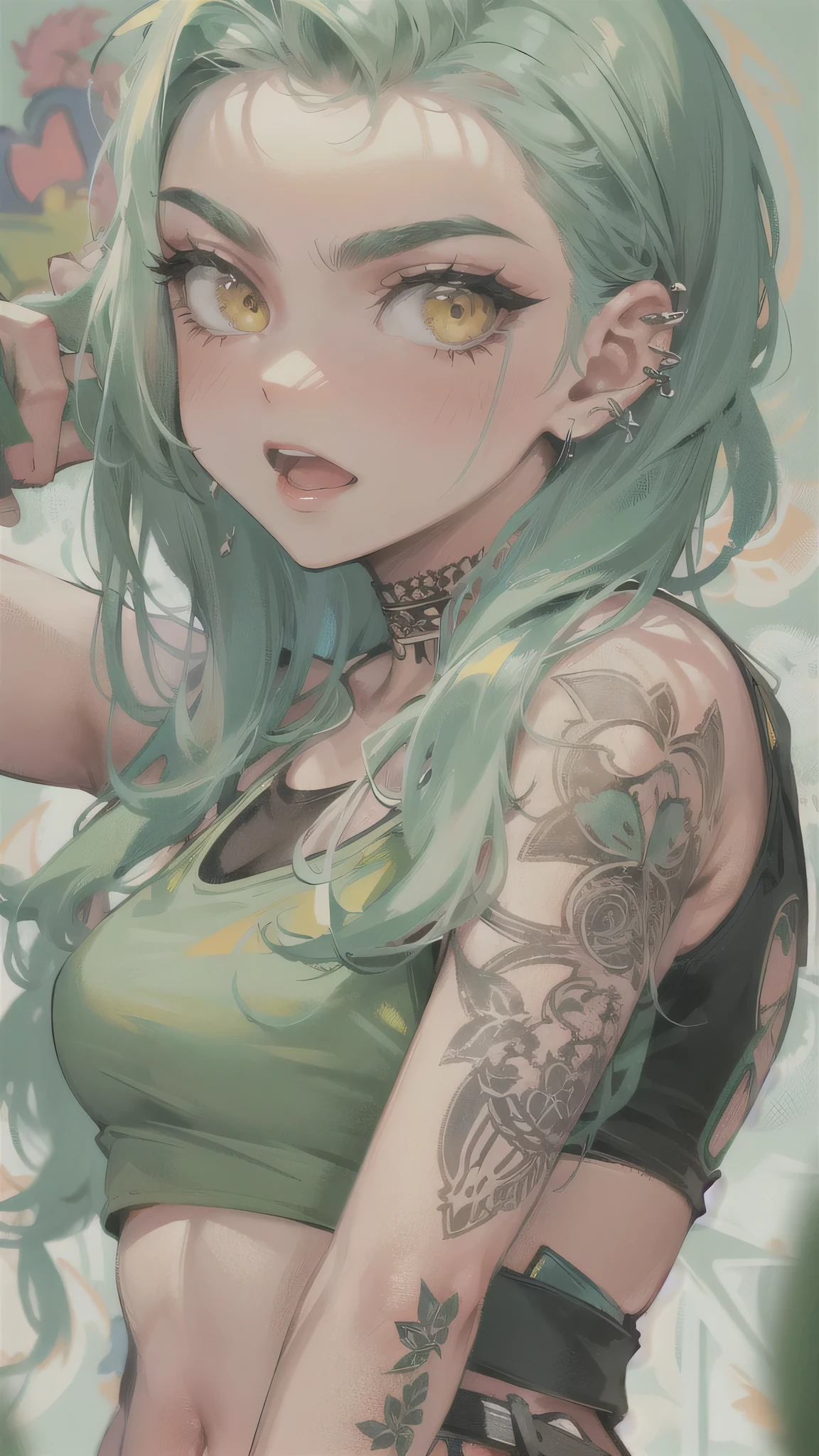 perfect anatomy, masterpiece:1.4, best quality, 8k, beautiful detailed grow, daydreaming expression, full body (Punk Girl Fashion Style) (soro ponytail green hair long hair cute girl, , cute yellow eyes, blush face), break, (tops is bluck punk tank top), Tight denim pants, high heels.