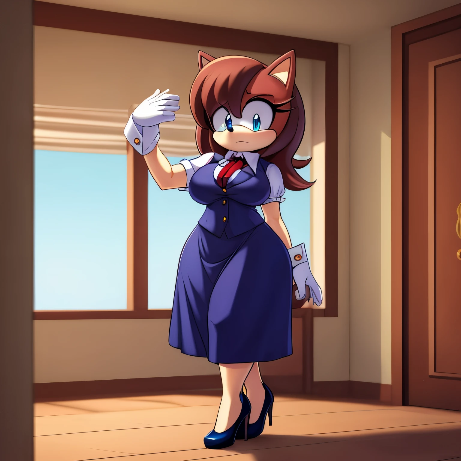 Female, Mobian, Hedgehog, Maroon fur, long hair/quills, breasts, standing, solo, 1girl, blue eyes, masterpiece, best quality, 1girl, solo, average sized breasts, ((looking at viewer)), long skirt, shirt, gloves, long dress, half body, short sleeves, puffy sleeves, collared shirt, white gloves, vest, arm up, black high heels, puffy short sleeves, ascot, buttons, happy, dress, furry, vest, body fur, ascot, blue eyes, furry female, sonic the hedgehog \(series\), perfect anatomy, vest, puffy sleeves, dress, hands held together in a polite manner, house, city view window, motherly figure, (milf sized proportions), some makeup, (((sad and scared))), (embarrassed and confused)