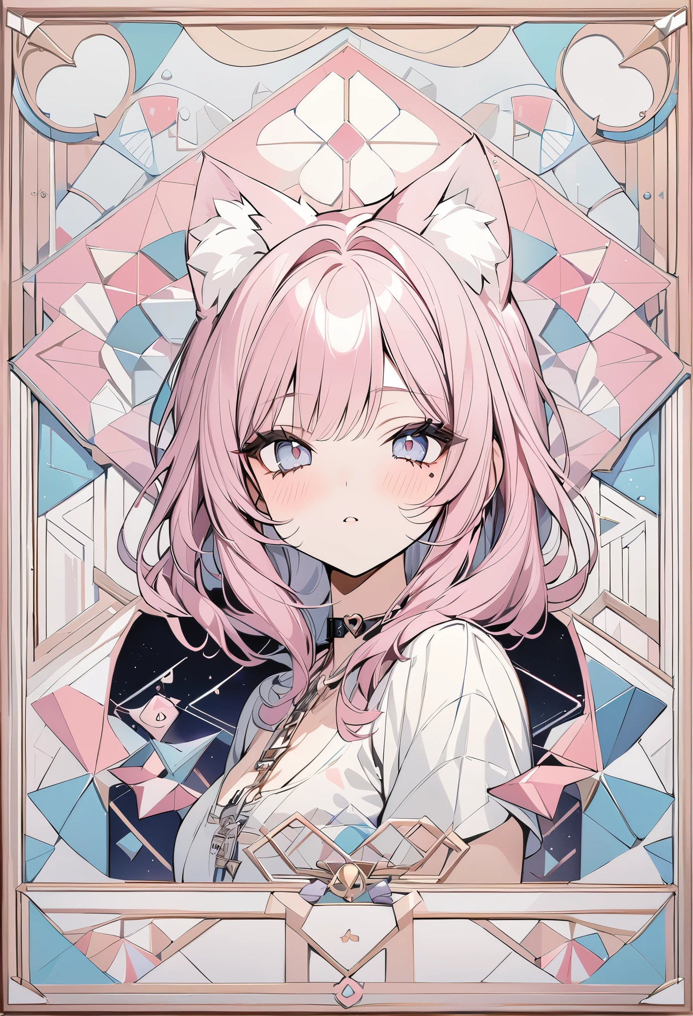 ,beautiful flower々),mole under eye, heart shaped choker, (masterpiece, highest quality), official art, beautiful and aesthetic: 1.2), (1 girl), very detailed, (geometry art: 1.3), colorful、pink bob hair、Cat ear、 whole body