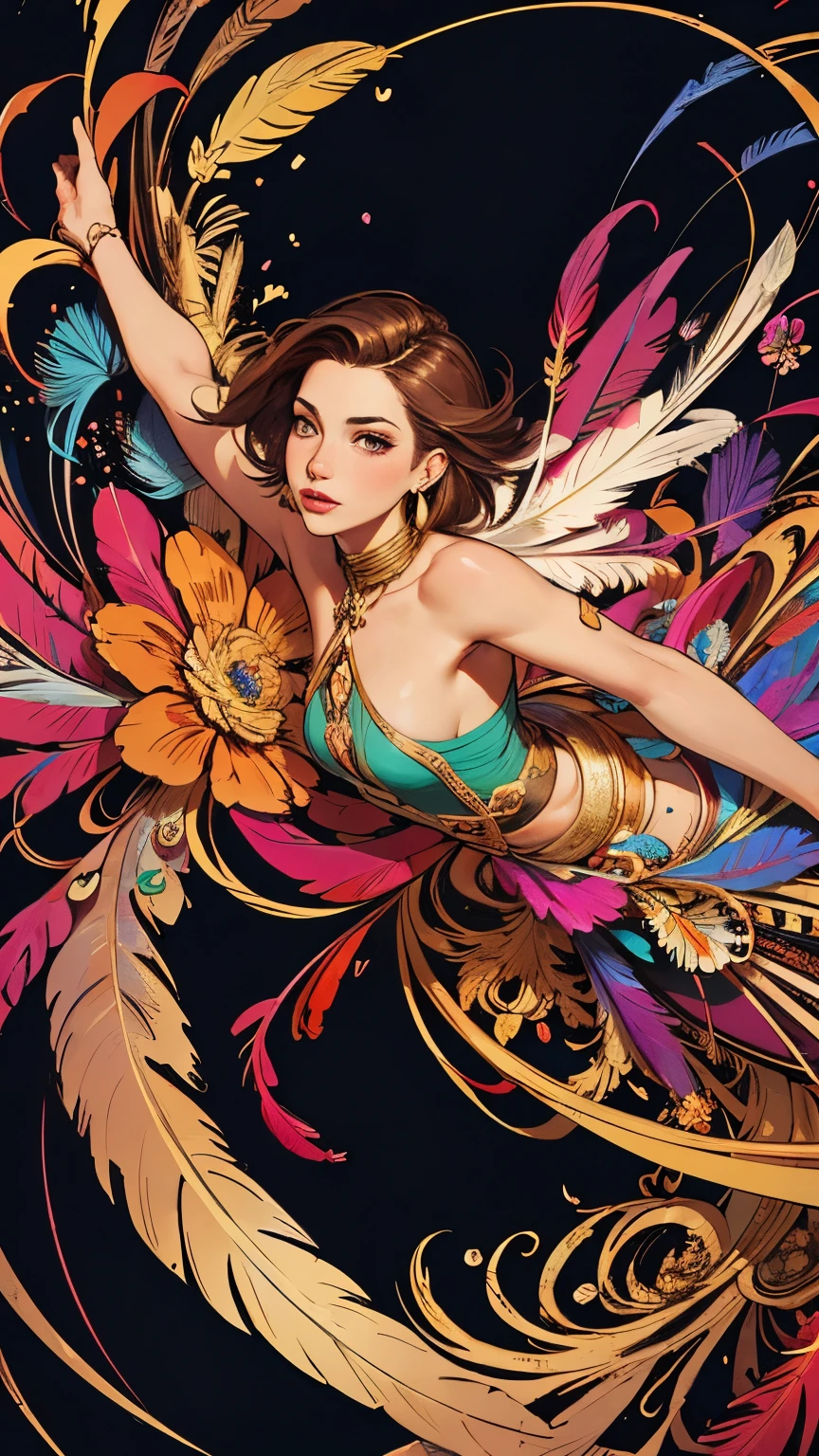 small breasts, bare shoulders, short hair, brown hair, colored feather, metal ornaments, colored flowers, particle, light, (masterpiece, highest quality, official art, beautiful and aesthetic: 1.2), (1 girl: 1.3), very detailed, (fractal art: 1.1), (colorful: 1.1) (flowers: 1.3), best details, (tangled: 1.2), (dynamic pose), (abstract background: 1.3) , (shiny skin), (lots of colors: 1.4), (earrings: 1.4), (feather: 1.4)
