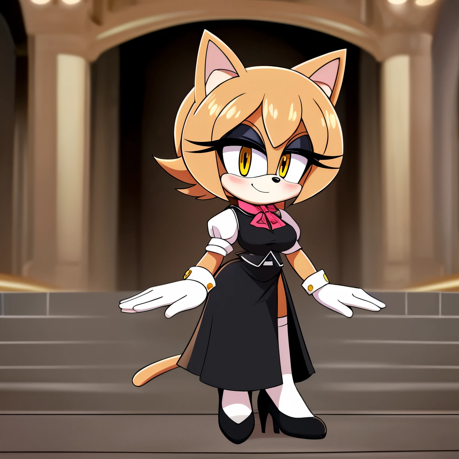 Female, Mobian, Cat, dark pale blonde fur, yellow eyes, hair bangs, ((solo)), ((1girl)), one hand on hip, masterpiece, best quality, 1girl, solo, medium sized breasts, looking at viewer, smile, long skirt, shirt, gloves, long dress, half body, short sleeves, puffy sleeves, collared shirt, white gloves, vest, arm up, black high heels, puffy short sleeves, ascot, buttons, happy, black dress, furry, grey vest, body fur, black ascot, yellow eyes, furry female, sonic the hedgehog \(series\), perfect anatomy, grey vest, puffy sleeves, black dress, hands held together in a polite manner, palace hall way background, motherly figure, milf sized proportions, some makeup / ((2D Anime Style)), medium hair, 1girl, solo, blush, puffy short sleeves, large breasts, one hand on hip, (((2D Anime Style))), (solo), (1girl), high quality digital art, red and black neon lines sketch art, wispy lines