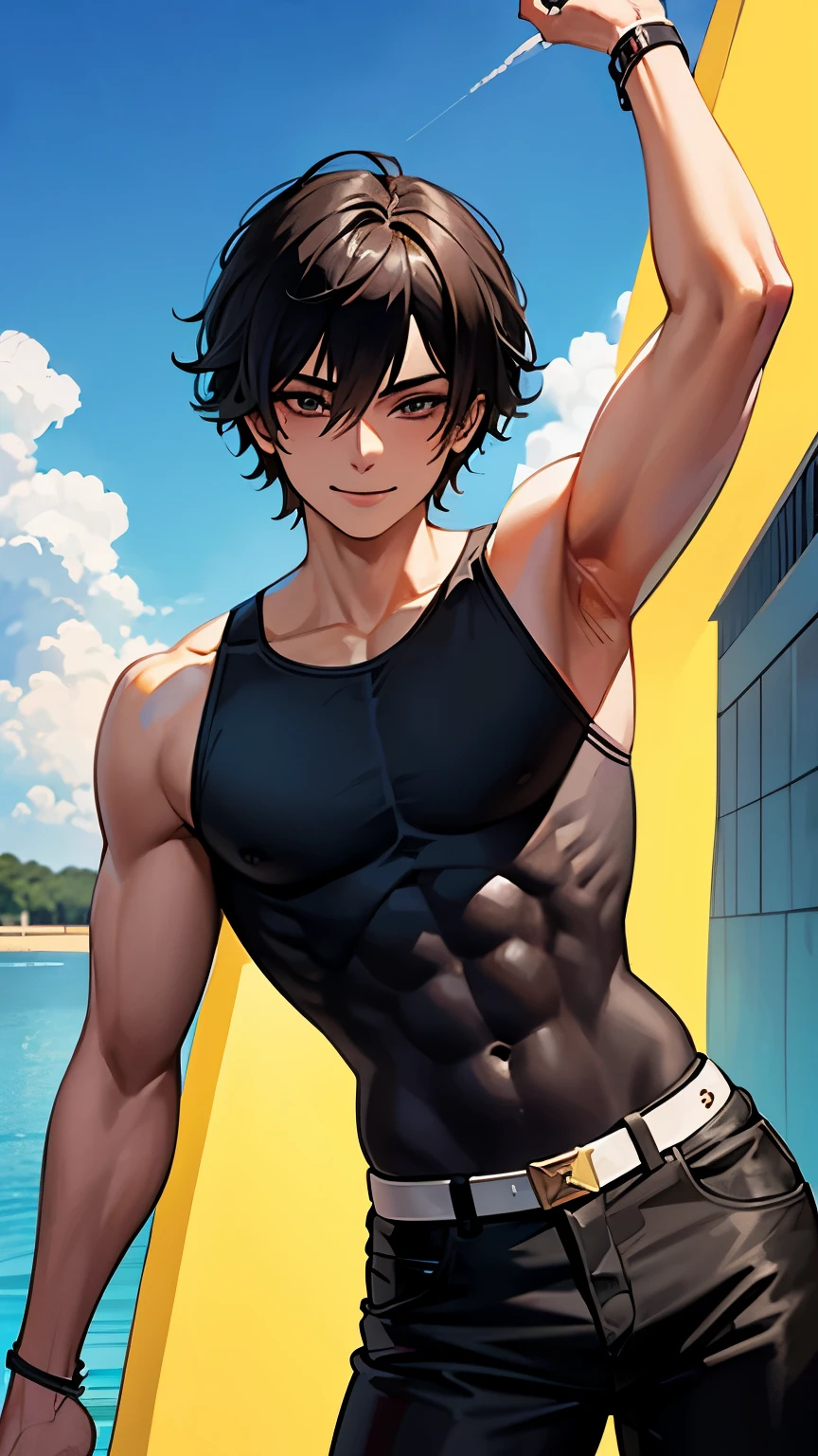 Young and attractive man in his 20s, piel bronceada, ojos color miel, cabello negro ondulado, camisa negra, black pants, cuerpo tonificado, Clothing tight to the body, mischievous smile, calentando estirando sus brazos, parque de fondo, cielo con nubes, illustration style
