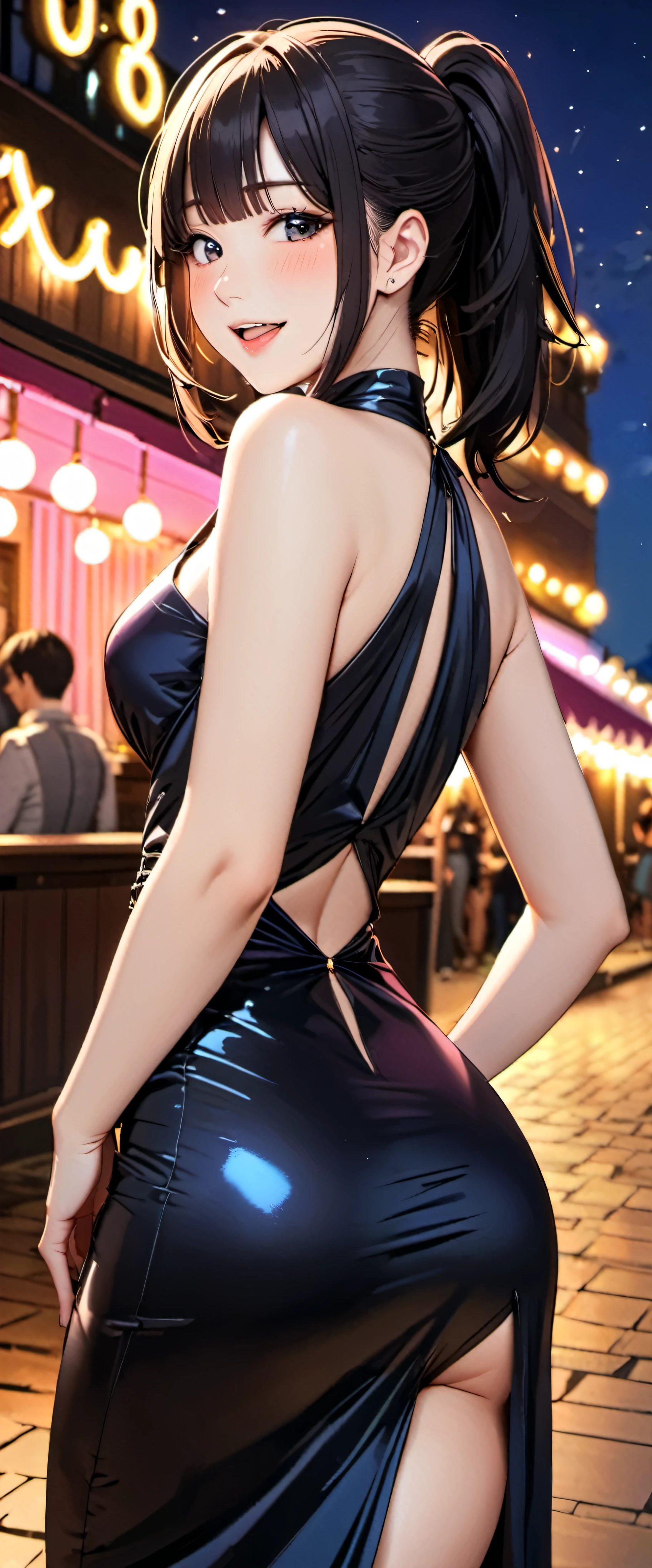woman,20-year-old,,party venue,night,(((sexy dress))),,open mouth smile((Beautiful ponytail))(),(()),((black hair)),blush、,((())),((turn around and look back))()Reflecting the buttocks