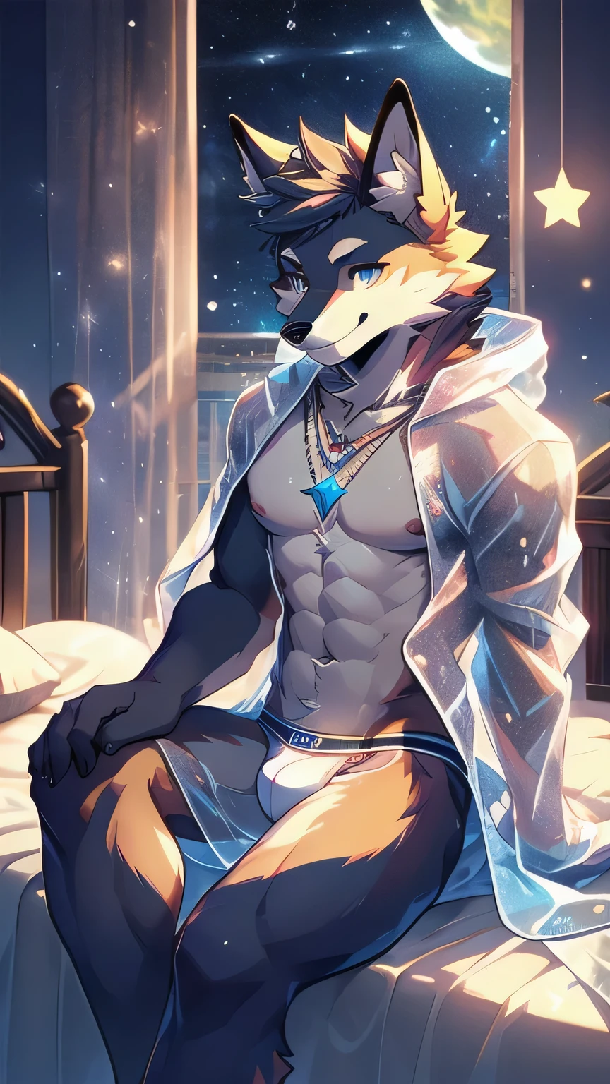 Anthropomorphic fox, In good condition, Pink fur, alone, (Exquisite details), white, Smile, Handsome, OK, transparent raincoat, white underwear, Night time, sitting on bed, Candy clouds, Star decoration, canine, male, giggle, (Slim, exquisite eyes), nipple, necklace, naked, full-body shot