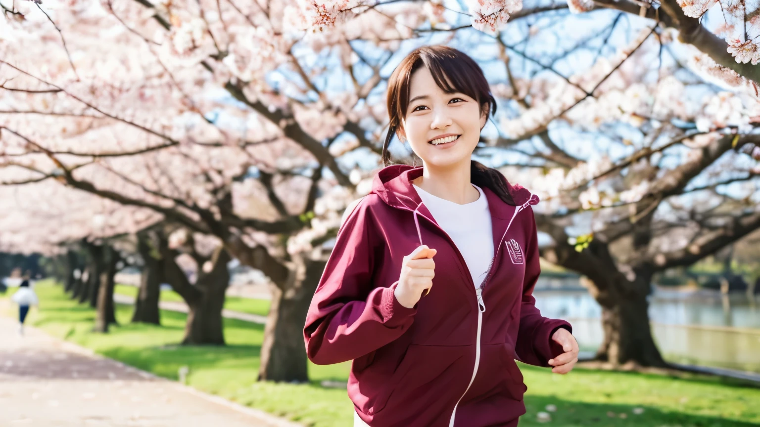 a healthy woman, japanese woman, beautiful middle aged woman, Jogging, smile and be healthy, A large park with cherry blossoms, bright natural park background