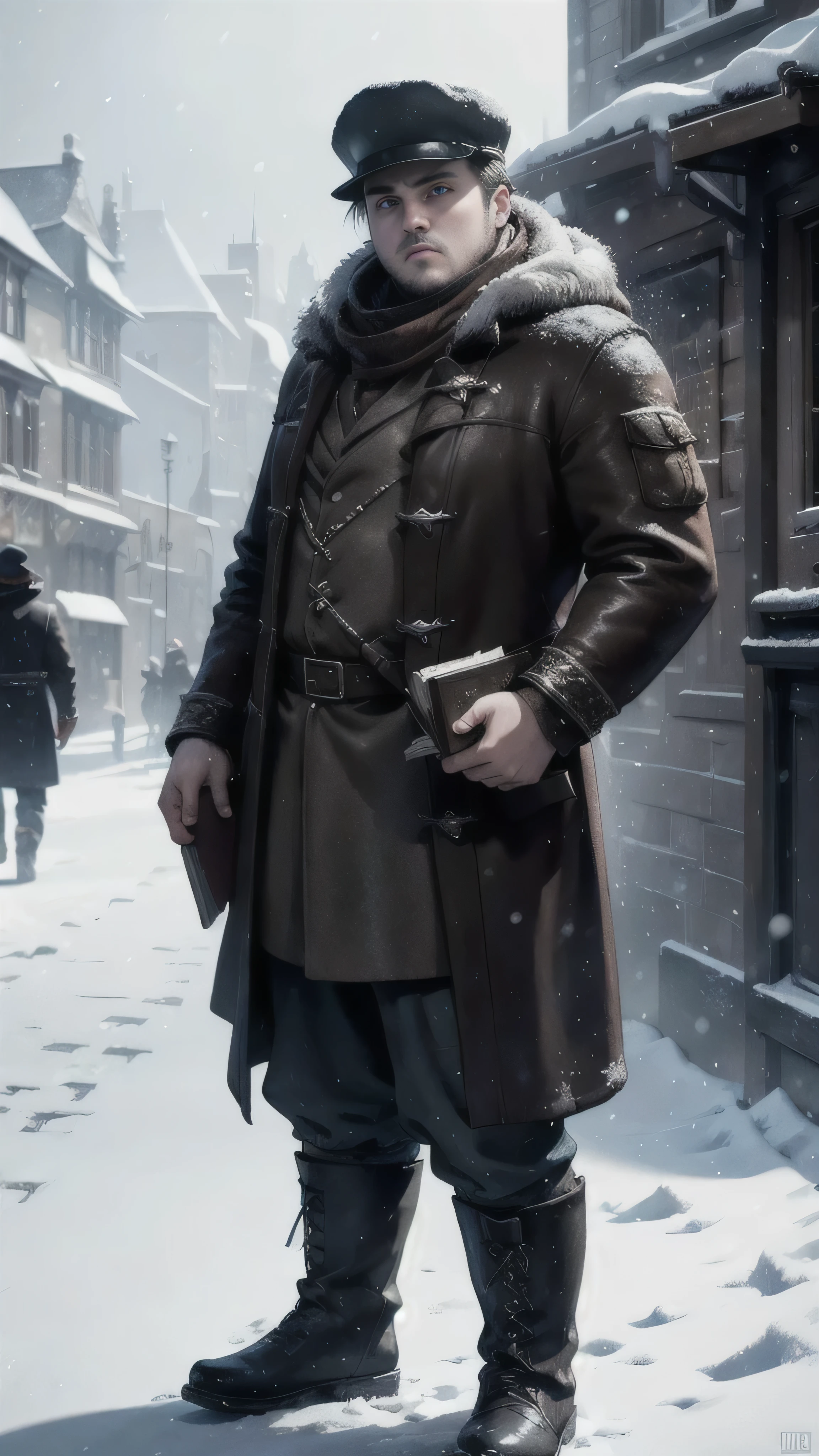 frostpunk, ((John Bradley)) as Samwell Tarly, hat, jacket, boots, (holding books), (winter street), snow, 1man, solo, beautiful detailed glow, detailed, cinematic light, intricate detail, realistic, highres, detailed facial features, high detail, sharp focus, smooth, aesthetic, extremely detailed, stamp, octane render