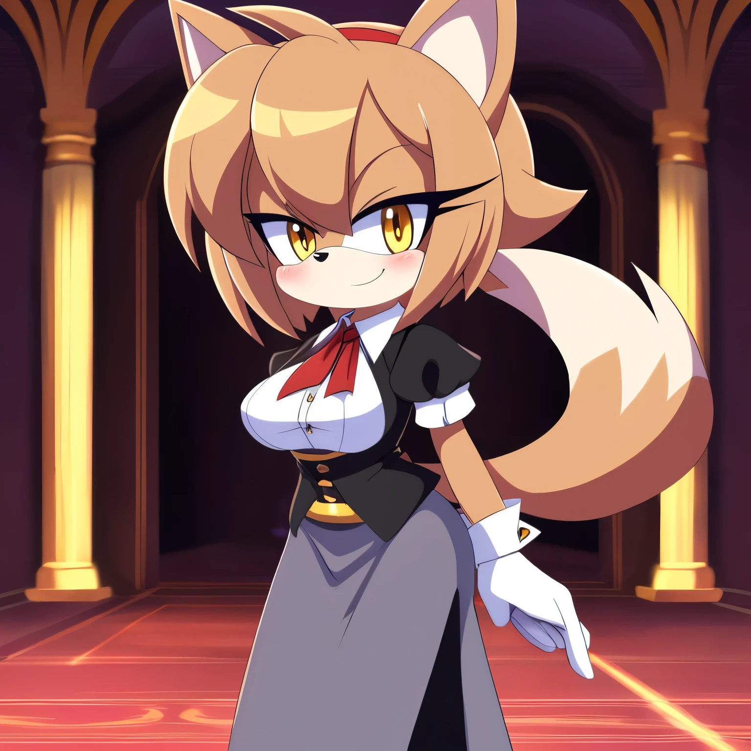 Female, Mobian, Cat, dark pale blonde fur, yellow eyes, hair bangs, ((solo)), ((1girl)), one hand on hip, masterpiece, best quality, 1girl, solo, medium sized breasts, looking at viewer, smile, long skirt, shirt, gloves, long dress, half body, short sleeves, puffy sleeves, collared shirt, white gloves, vest, arm up, black high heels, puffy short sleeves, ascot, buttons, happy, black dress, furry, grey vest, body fur, black ascot, yellow eyes, furry female, sonic the hedgehog \(series\), perfect anatomy, grey vest, puffy sleeves, black dress, hands held together in a polite manner, palace hall way background, motherly figure, milf sized proportions, some makeup / ((2D Anime Style)), medium hair, 1girl, solo, blush, puffy short sleeves, large breasts, one hand on hip, (((2D Anime Style))), (solo), (1girl), high quality digital art, red and black neon lines sketch art, wispy lines