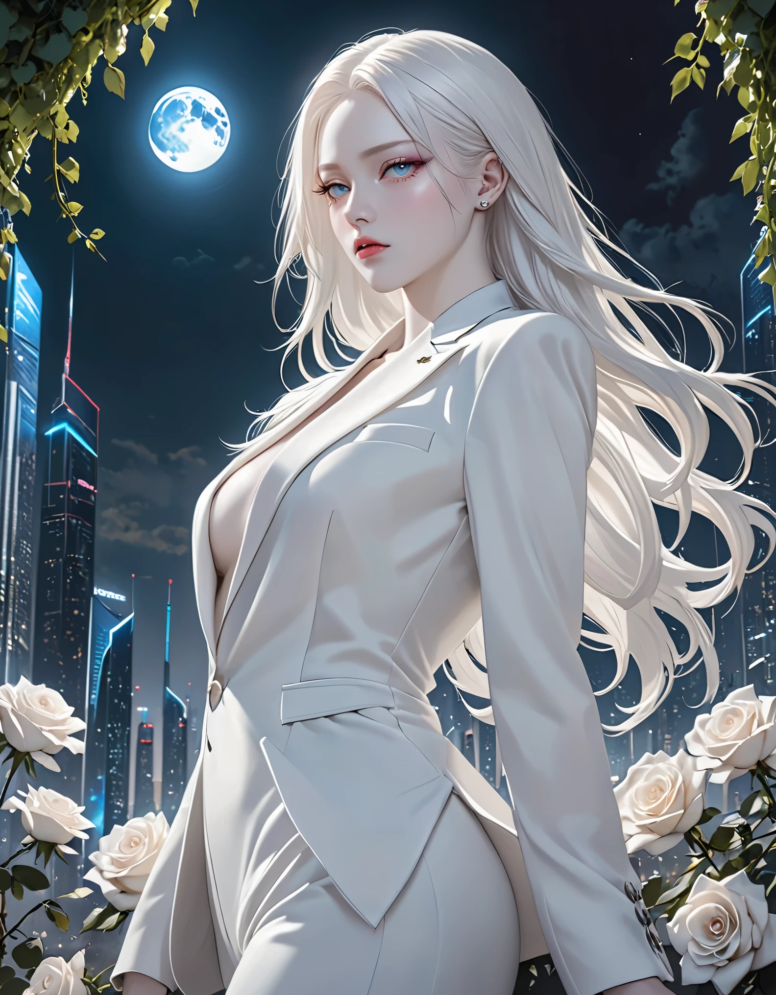 masterpiece, best quality, (alone focus), (perfect face:1.1), (high detail:1.1),dramatic, (an alluring albino angel guy with long flowing pure white hair and piercing white eyes),1 person, (pale skin), long hair, white eyes,  alone, long hair, moon, night, white luxury suit, cover navel, Pouting, cover, futuristic city, Detailed background, art film lighting by artgerm, roses and vines, Fashion, Balenciaga style