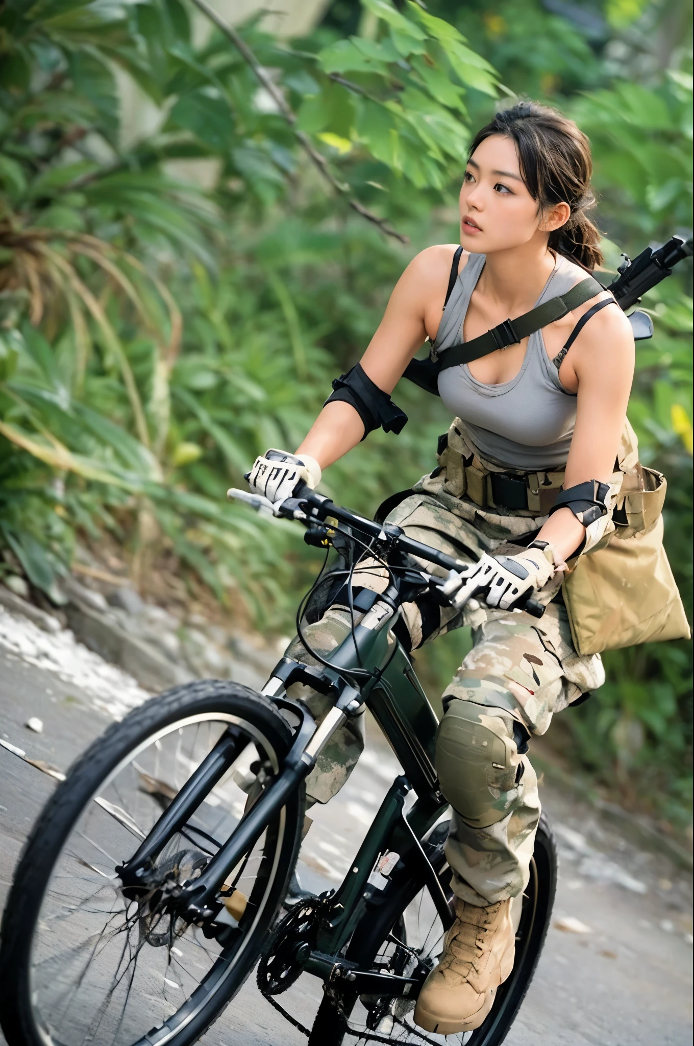 (best quality,8k,realistic photo,realistic skin texture,beautiful Japanese woman in the US Army,rough terrain,riding a military bicycle,dynamic action pose,dramatic and bold composition,assault rifle,Zoom out)