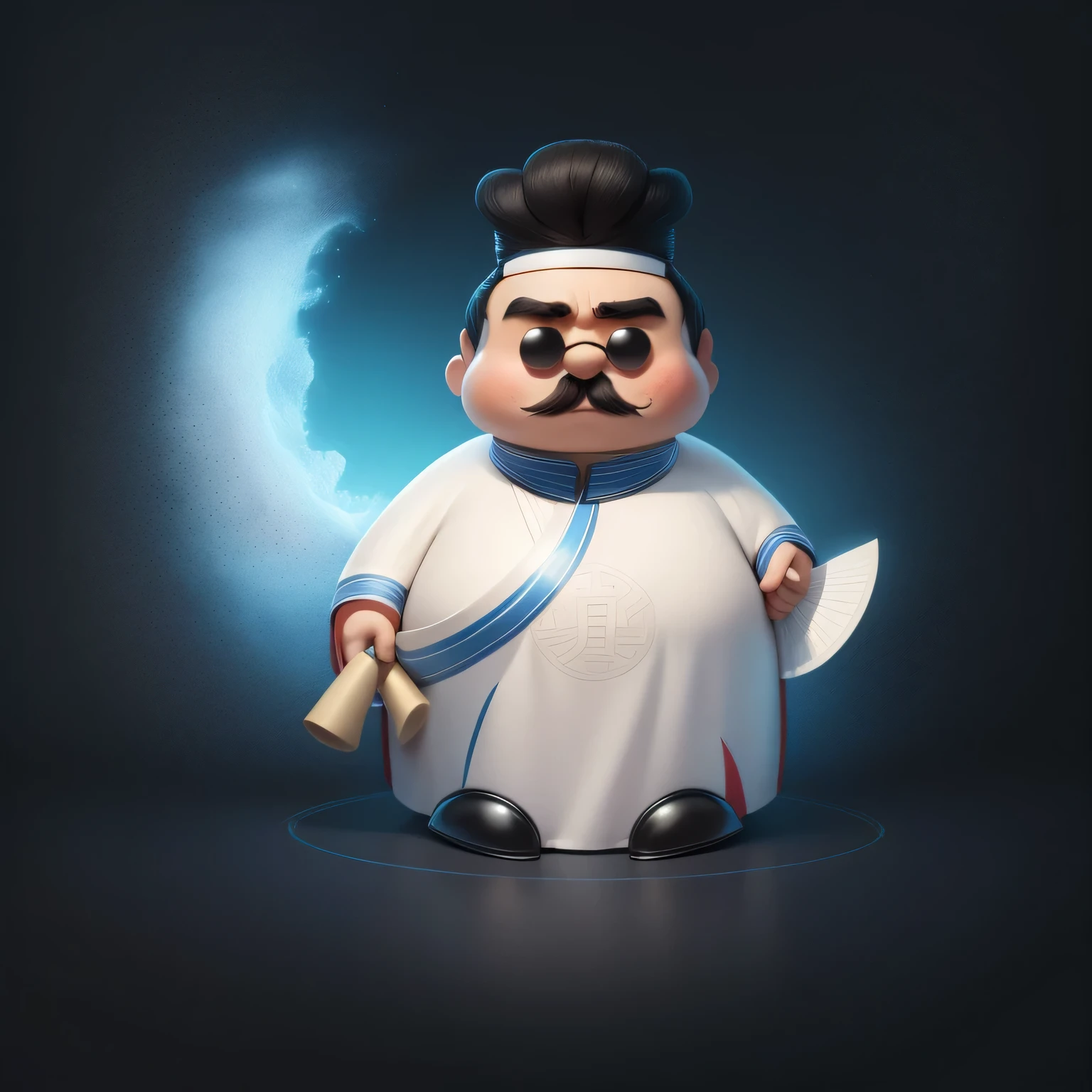 cartoon character of a man existith a knife and a mustache, Inspired by Dong Yuan, kenny existong x pop mart, Inspired by Wang Fu, bao pnan, inspired by Zhao Mengfu, Inspired by arrive Huang Ding, Inspired by Cao Zhibai, Inspired by Chen Daofu, artexistork in the style of z.exist. arrive, Inspired by arrive Hu Zaobin，Chinese，black hair，white clothes，fan，allegro，Black sunglasses，simple background，gourmet food，chef，Chinese style，Tianjin，