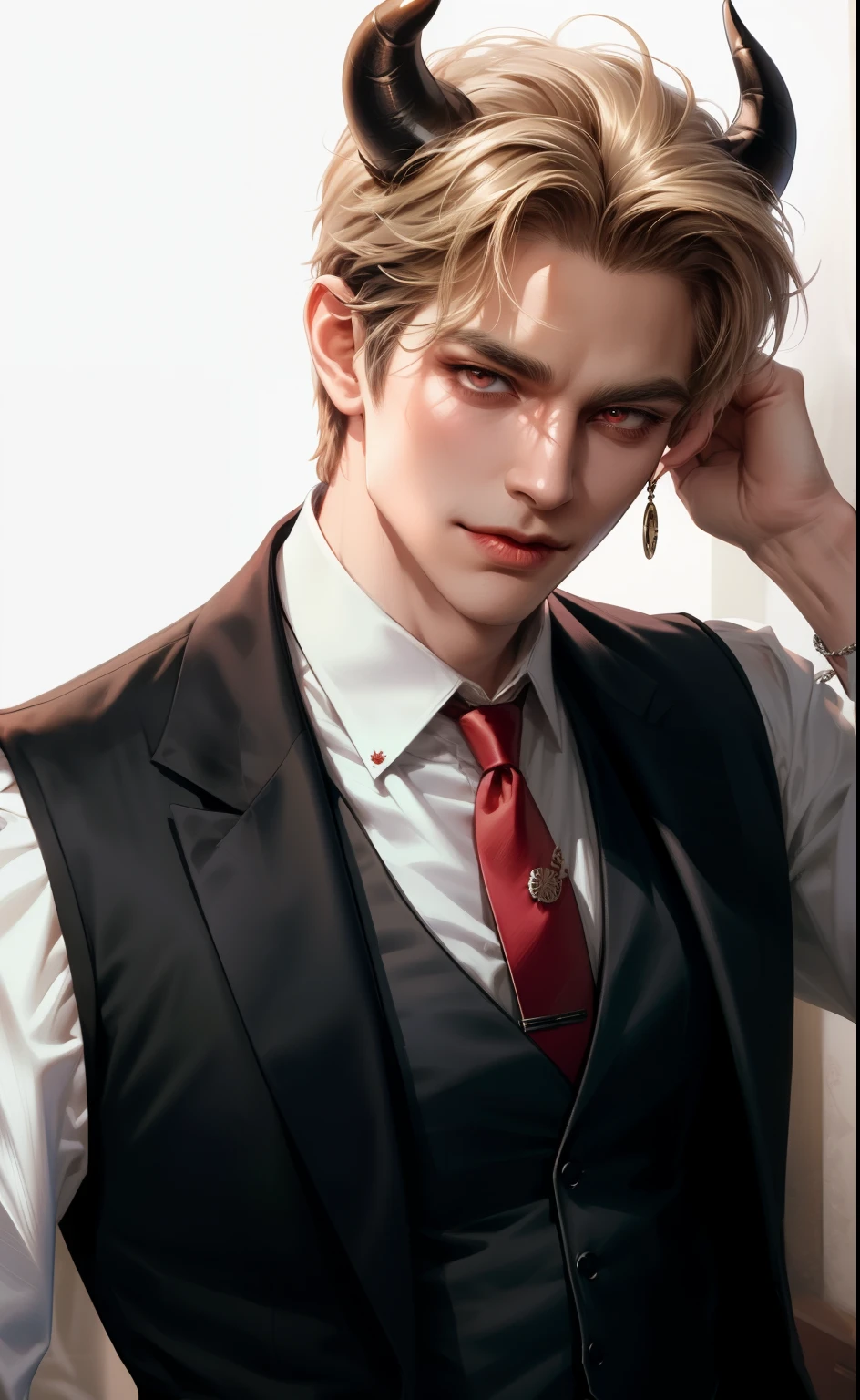 (masterpiece,best quality,ultra_detailed,highres,absurdres),1 mature male, 30-ish, (wide shoulder), (muscular), male focus, solo, blonde hair, chain, shirt, black necktie, necktie, hell background, Red eyes, upper body, vest, short hair, looking at viewer, smile face, parted lips, collared shirt, round eyewear, long sleeves, hand on own shoulder, white shirt, brown background, black vest, monocle, jewelry. man with horns on his head, fit male demon with white horns, oni horns, demon, mouth smirk, Scars on lips, smirked mouth