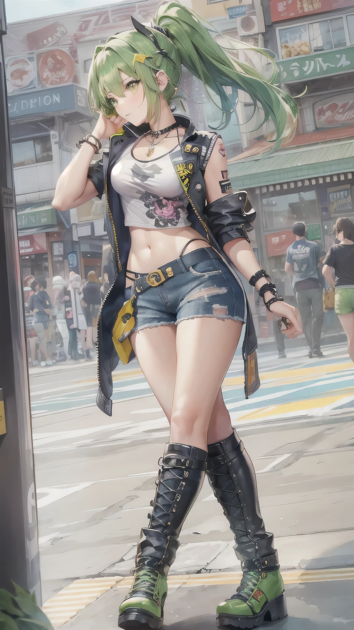 perfect anatomy, masterpiece:1.4, best quality, 8k, beautiful detailed grow, daydreaming expression, standing full body, (Punk Girl Fashion Style) (soro ponytail green hair long hair cute girl, , cute yellow eyes, blush face), break, (tops is bluck punk tank top), Tight denim pants, high heels.