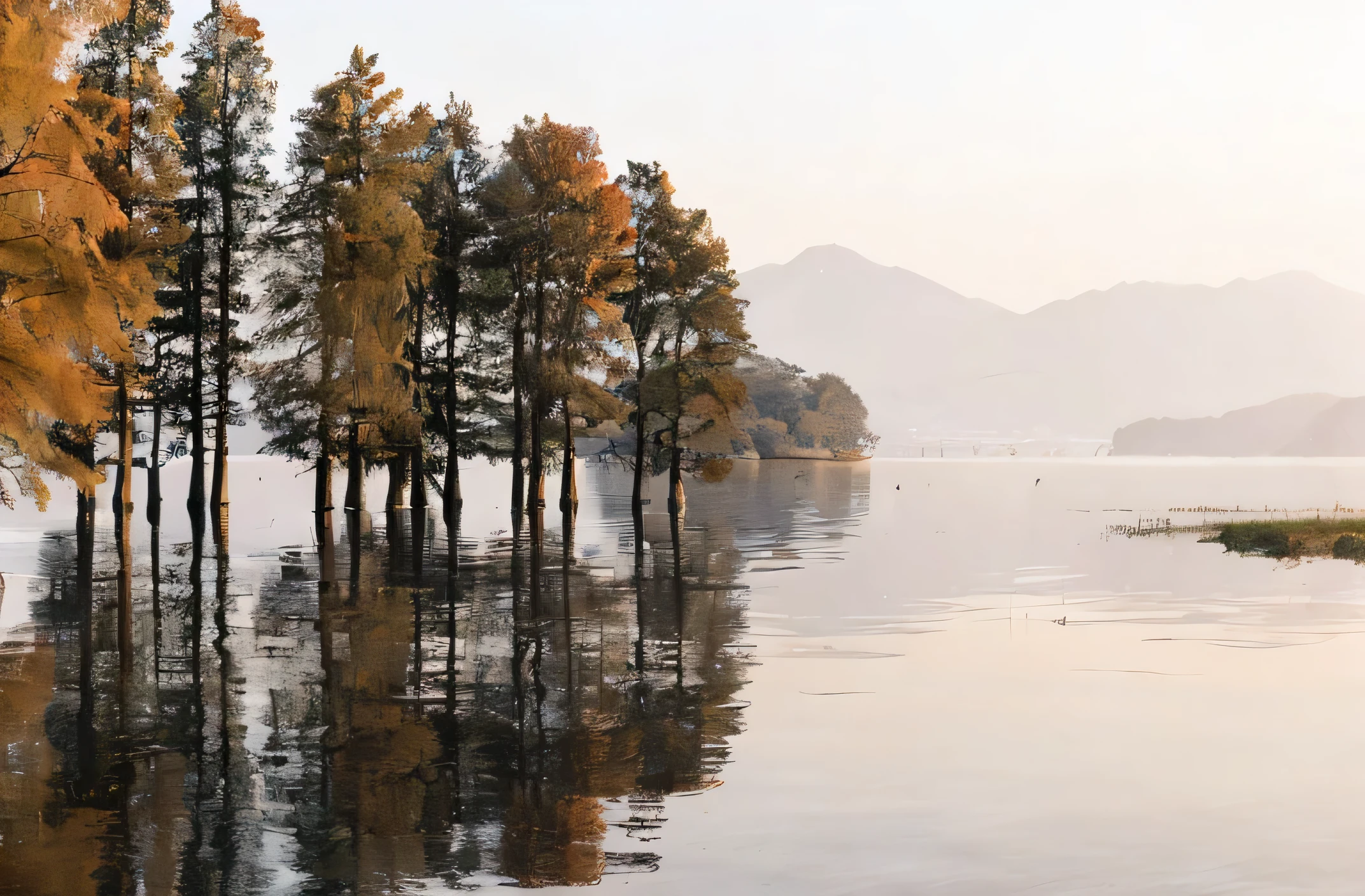 trees standing in the water,There is a ship in the distance, trees reflecting on the lake, lake kawaguchi, cypress tree, forest with lake, floating trees, peaceful scenery, The tree lies on the calm sea, November, Soft water reflection, shore of the lake, early morning, tall cypress tree, lake, peaceful scene, Japan
