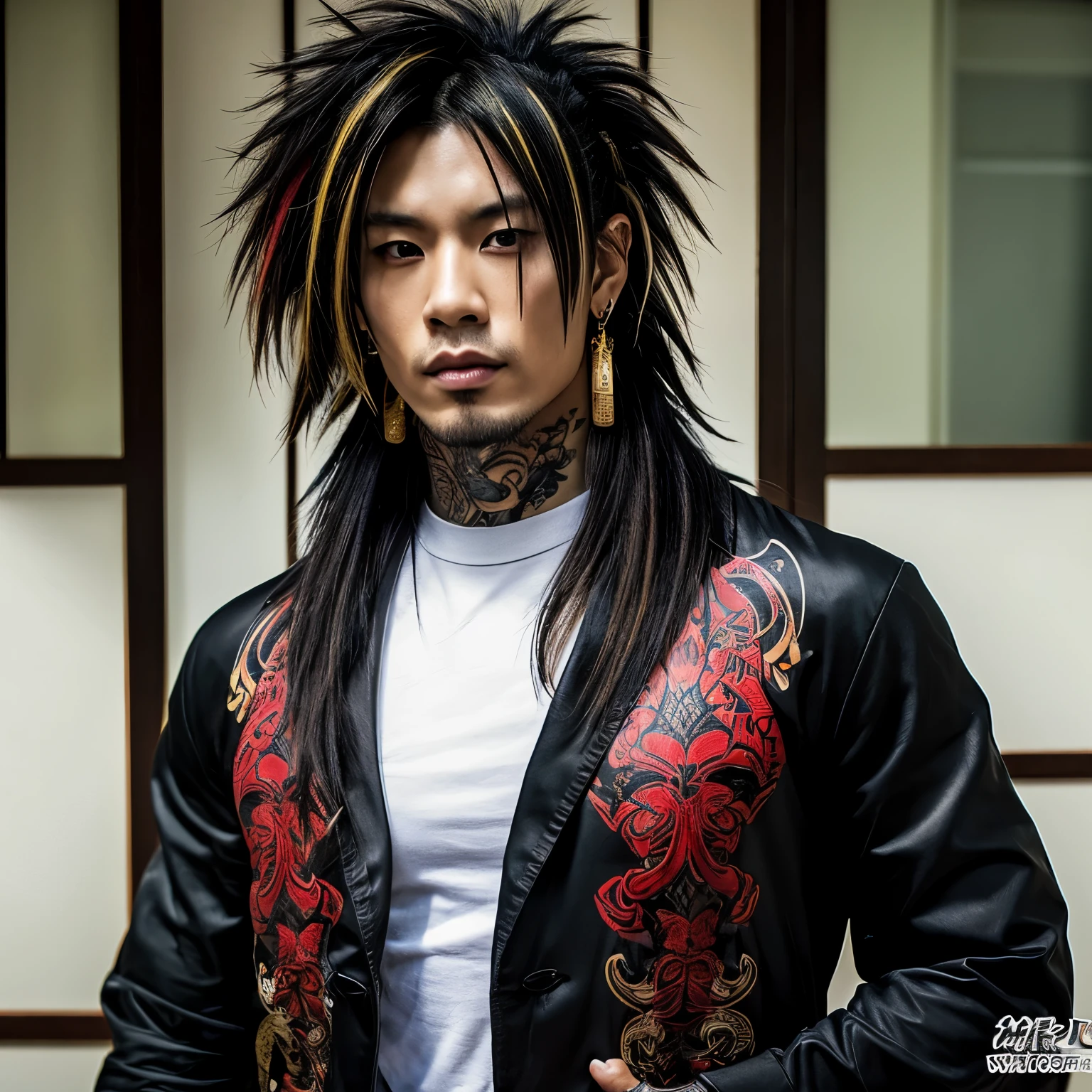 1 man, Japanese man, male, Asian eyes, muscular, broad shoulders, yakuza tattoos, hairstyle Visual Kei style, hair Visual Kei, black men's shirt and black pants, ultra detailed face, hyperrealistic, realistic representation, long hair, long hair, 30 years old, age 30 years, blond, blonde hair