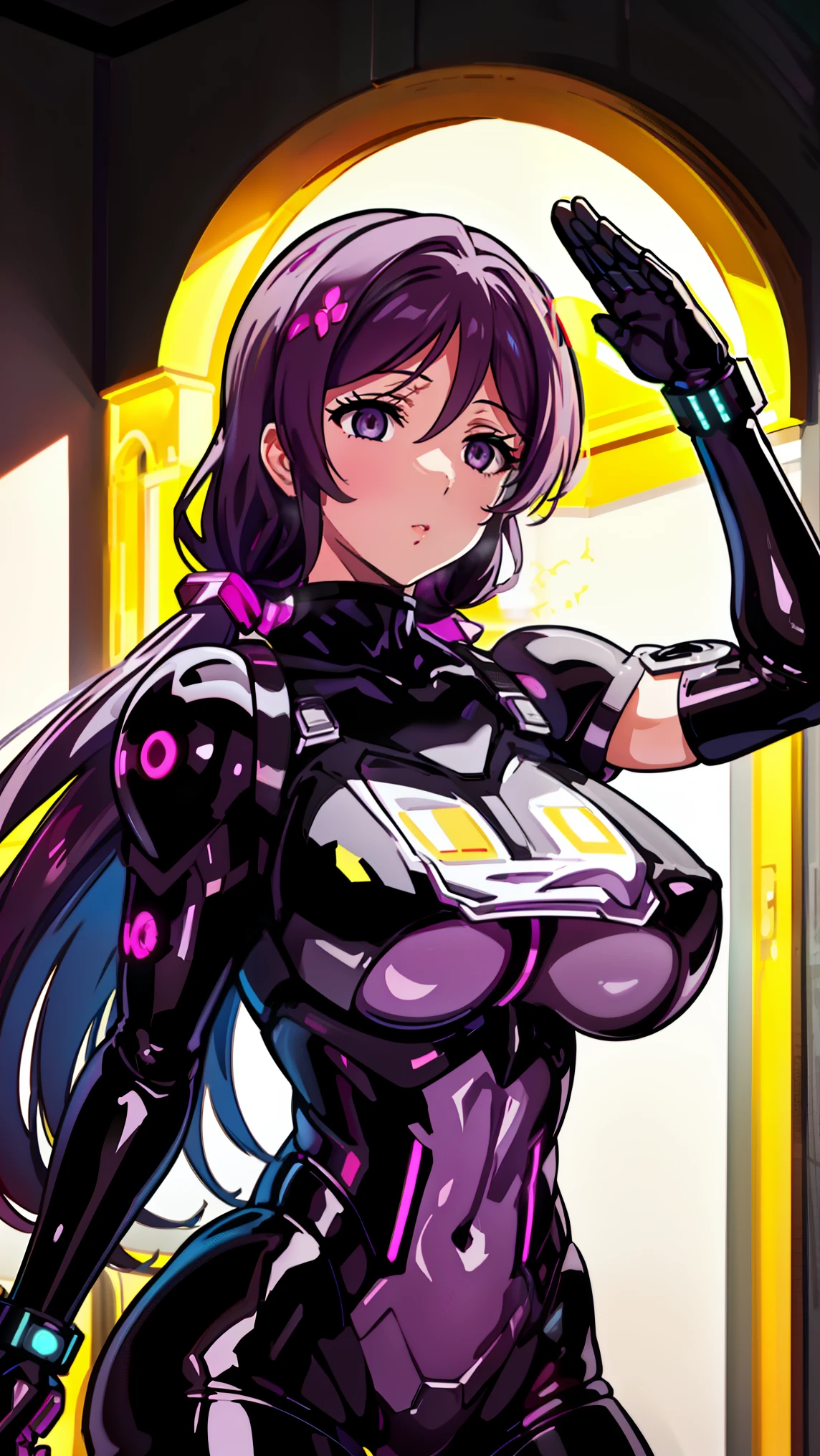 1 girl,NSFW,Nozomi Tojo, (lovelive), clavicle, absurd, brainwashing,mechanical,muscular, empty eyes,((purple glowing eyes 1.5))( huge breasts ), No expression, emotions are removed,((black latex tight bodysuit)),look away , whole body shape, ((stand up, salute)),(highest quality、4k、8K、High resolution、must have:1.2)、Super detailed、(reality、that's reality的な、reality的な:1.37)、ticker、hyper hd、studio lighting、ultra definition paint、sharp focus、Physically based rendering、extreme details、Professional specifications、vibrancy and color、blurry、sports portrait、landscape、horror style、anime big breasts、SF、photograph、concept artist、five fingers, perfect body, {{{masterpiece}}}, {{{highest quality}}}, {{Super detailed}}, {shape}, {{very delicate and beautiful}},Improved cost performance、all roles、Canon 5D MK4でphotograph、photograph,