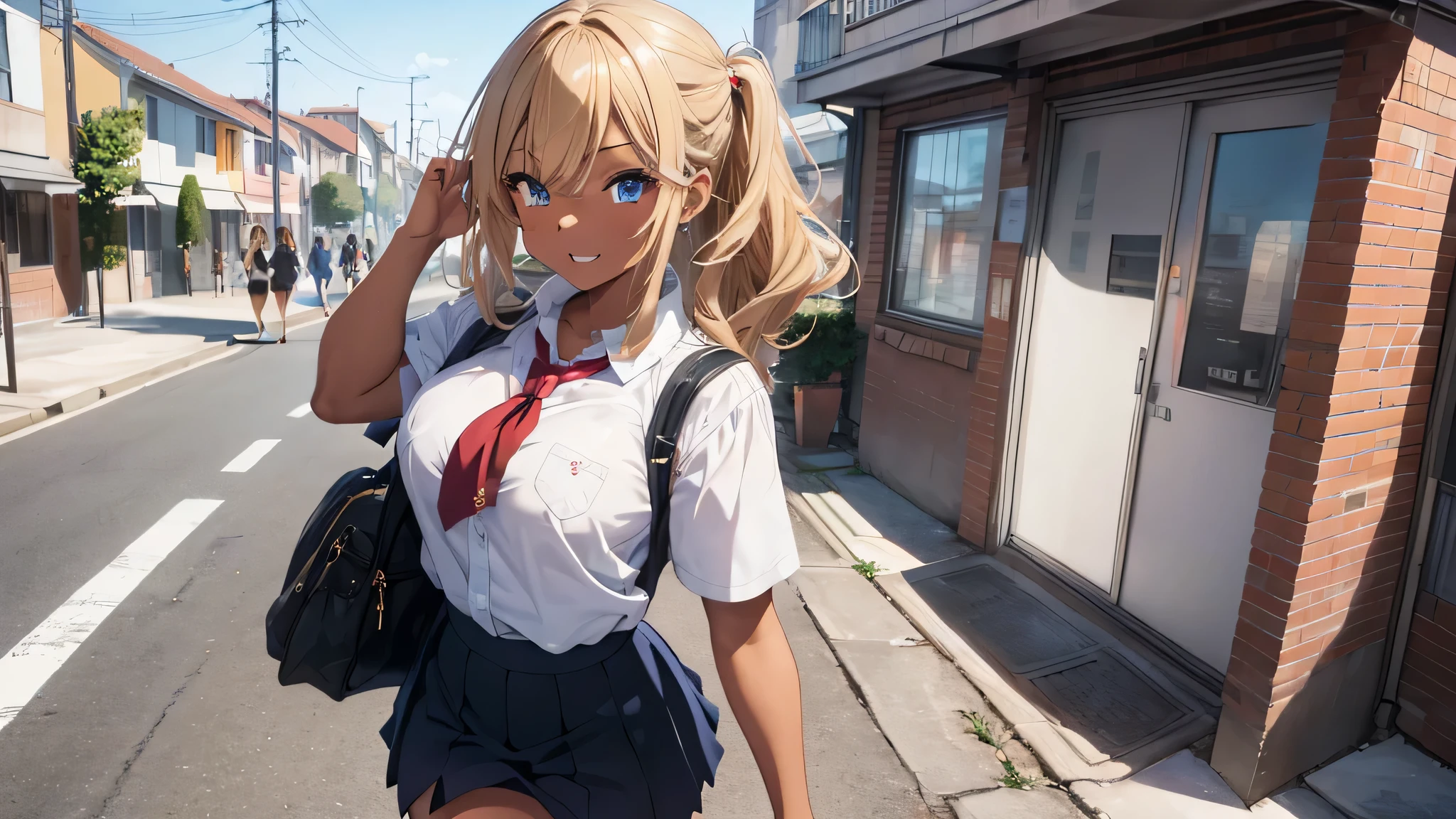 sticking to shirt、Her breasts are visible through her blue and white striped shirt、Blue flared skirt、She lifts her skirt to reveal her cute white lace underwear、Long haired girl wearing glasses