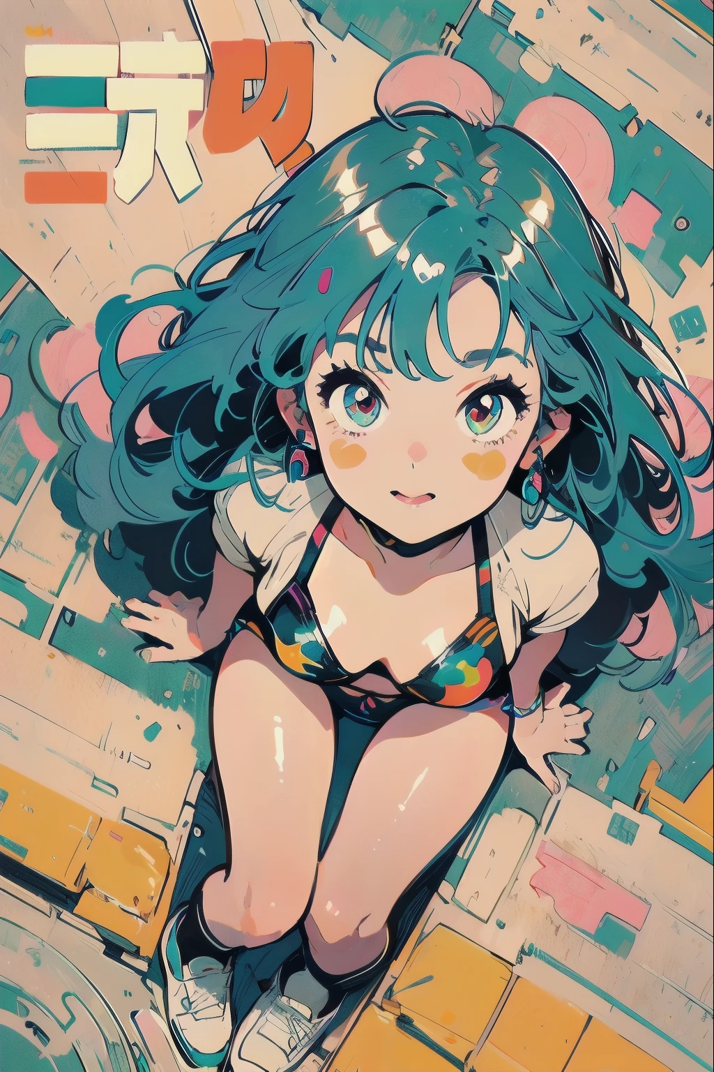 pink and blue hair, straight hair, blunt bangs, yellow eyes, yellow eyelashes, Beautiful Girls in Anime ,clean small surfaces, (magazine cover:1), ((From above:1.3))、((Emphasis on lips)), (Lots of stickers:1.5), 1 cute girl, highest quality、ウルトラ - High resolution、High resolution、Detailed CG、8k unit wallpaper、、fine and beautiful eyes, (((Different types of colorful super shiny latex swimsuits)))、(shiny body,:1.5)、((bikini top, bikini bottom long socks、tech sneakers))、big breasts、blush, full of embarrassment、(Ahegao:1.5), (stick out tongue), ((portrait))