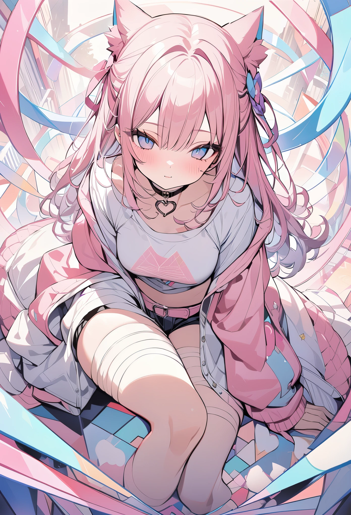 ,beautiful flower々),mole under eye, heart shaped choker, (masterpiece, highest quality), official art, beautiful and aesthetic: 1.2), (1 girl), very detailed, (geometry art: 1.3), colorful、pink bob hair、Cat ear、 whole body