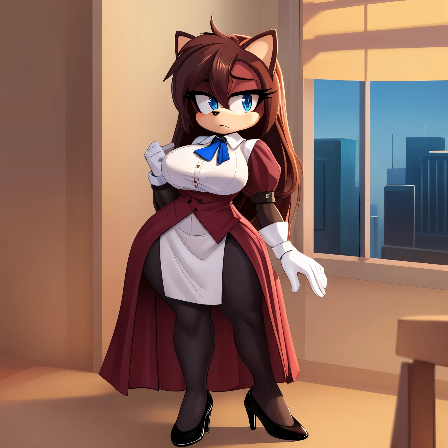 Female, Mobian, Hedgehog, Maroon fur, long hair/quills, breasts, standing, solo, 1girl, blue eyes, masterpiece, best quality, 1girl, solo, average sized breasts, ((looking at viewer)), long skirt, shirt, gloves, long dress, half body, short sleeves, puffy sleeves, collared shirt, white gloves, vest, arm up, black high heels, puffy short sleeves, ascot, buttons, happy, dress, furry, vest, body fur, ascot, blue eyes, furry female, sonic the hedgehog \(series\), perfect anatomy, vest, puffy sleeves, dress, hands held together in a polite manner, house, city view window, motherly figure, (milf sized proportions), some makeup, (((sad and scared))), (embarrassed and confused)