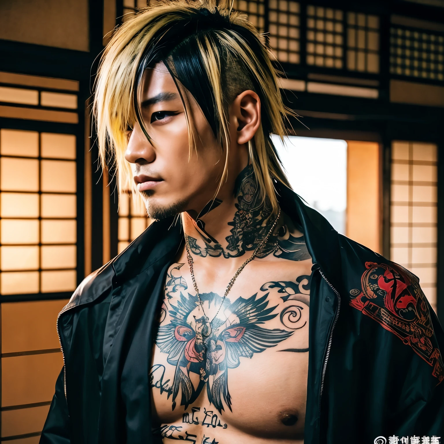 1 man, Japanese man, male, Asian eyes, muscular, broad shoulders, yakuza tattoos, hairstyle Visual Kei style, hair Visual Kei, black men's shirt and black pants, ultra detailed face, hyperrealistic, realistic representation, long hair, long hair, 30 years old, age 30 years, blond, blonde hair