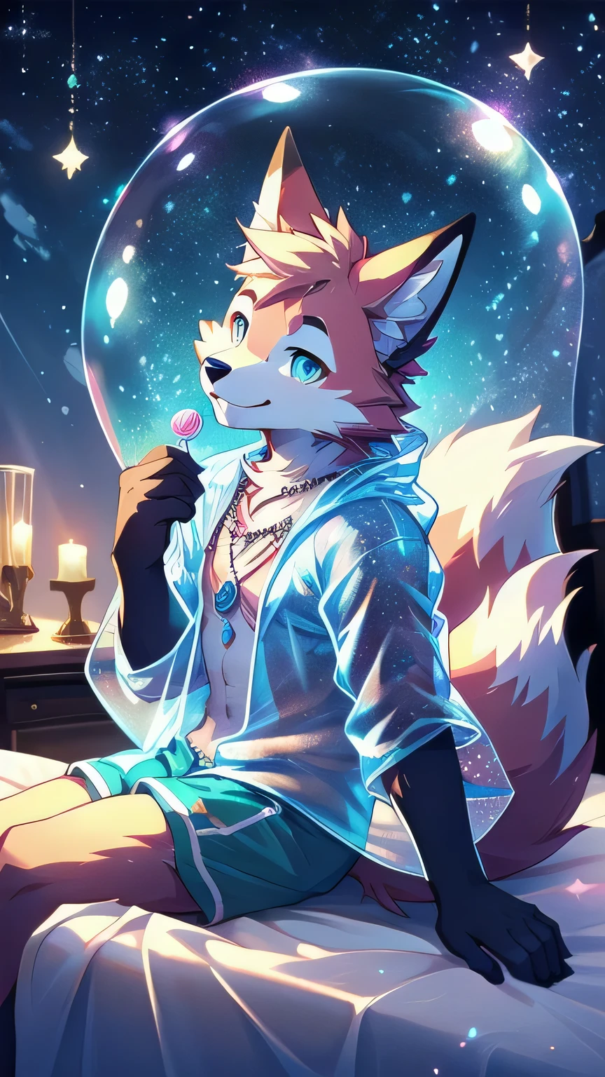 Anthropomorphic fox, In good condition, Pink fur, alone, (Exquisite details), white, Smile, Handsome, OK, transparent raincoat, blue shorts, Night time, sitting on bed, Bubble Magic, Candy clouds, Star decoration, canine, male, giggle, (Slim, exquisite eyes), necklace, full-body shot