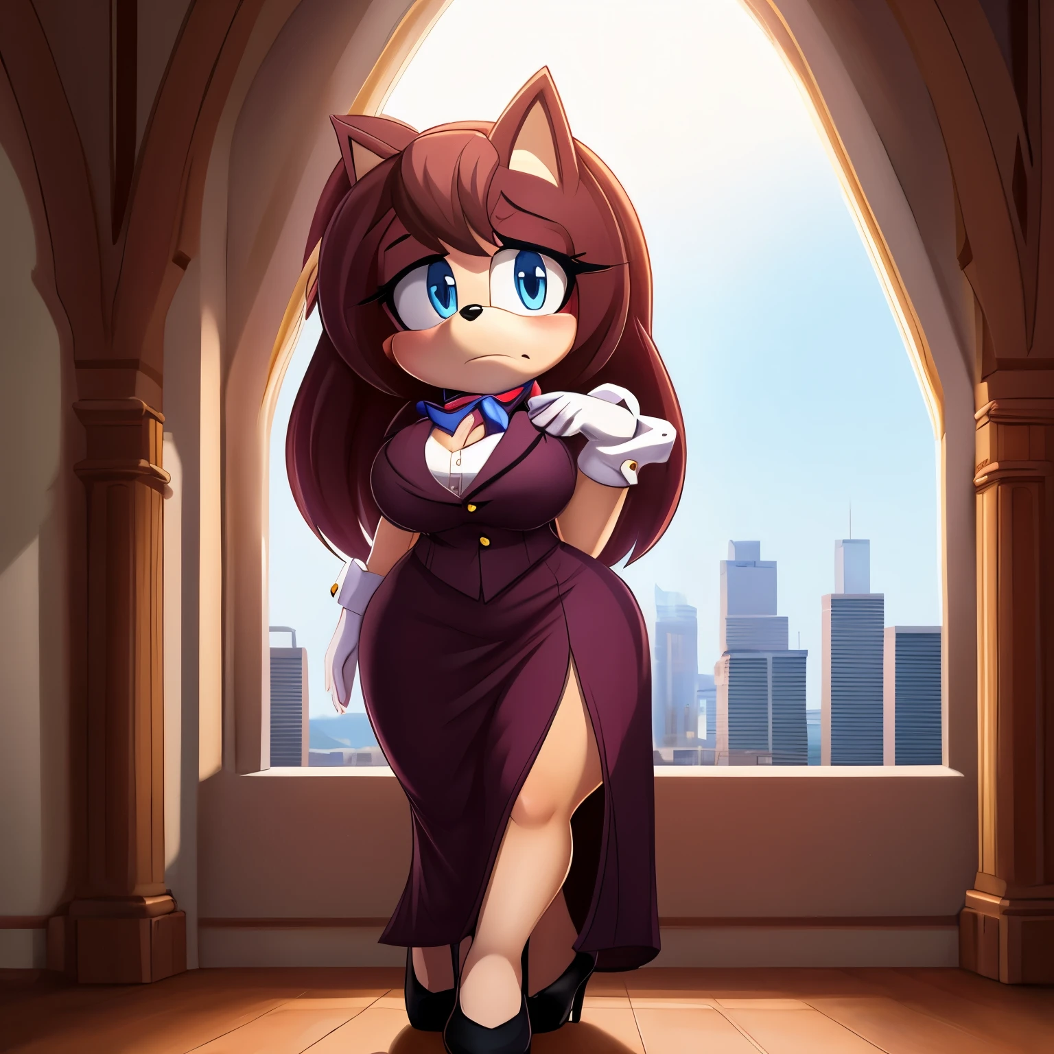 Female, Mobian, Hedgehog, Maroon fur, long hair/quills, breasts, standing, solo, 1girl, blue eyes, masterpiece, best quality, 1girl, solo, average sized breasts, ((looking at viewer)), long skirt, shirt, gloves, long dress, half body, short sleeves, puffy sleeves, collared shirt, white gloves, vest, arm up, black high heels, puffy short sleeves, ascot, buttons, happy, dress, furry, vest, body fur, ascot, blue eyes, furry female, sonic the hedgehog \(series\), perfect anatomy, vest, puffy sleeves, dress, hands held together in a polite manner, house, city view window, motherly figure, (milf sized proportions), some makeup, (((sad and scared))), (embarrassed and confused)