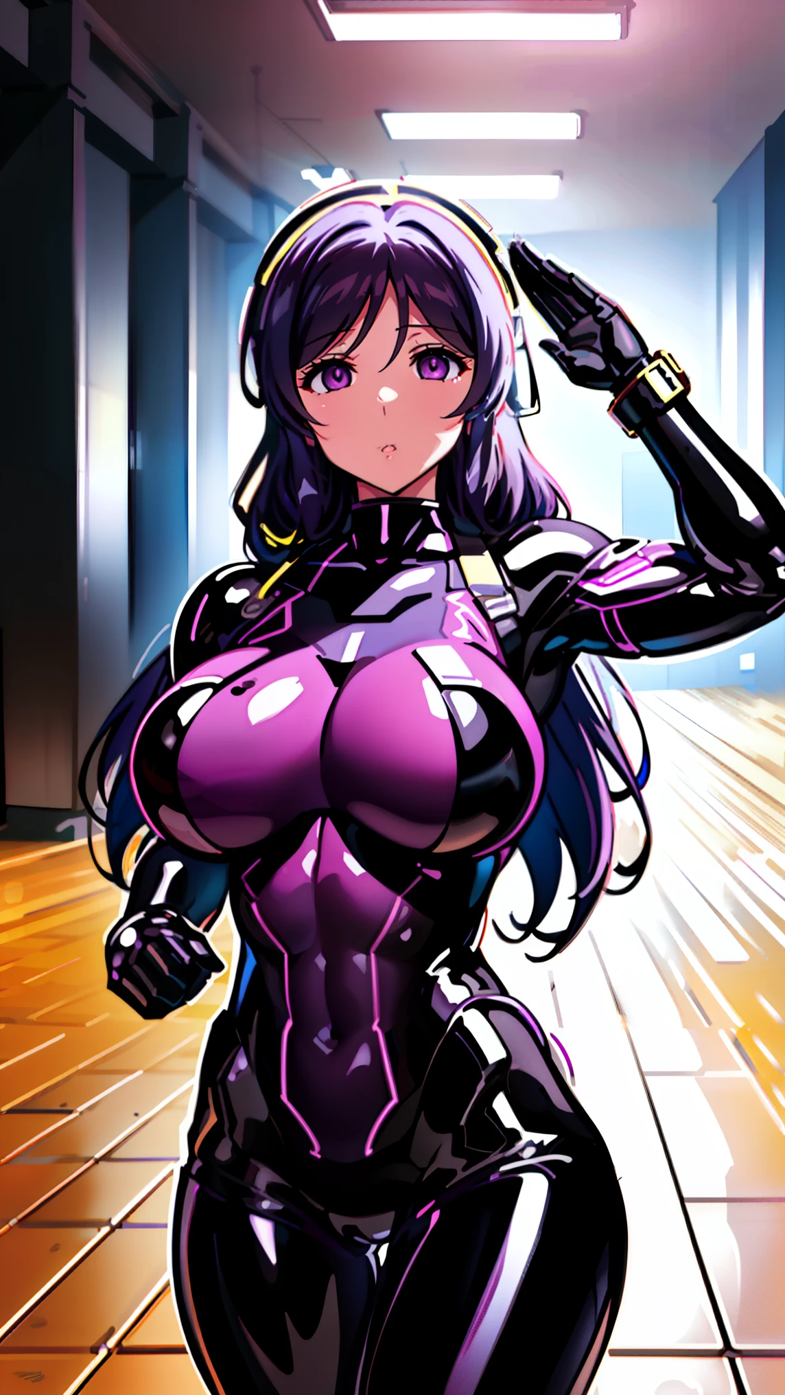 1 girl,NSFW,Nozomi Tojo, (lovelive), clavicle, absurd, brainwashing,mechanical,muscular,  empty eyes,((purple glowing eyes 1.5))( huge breasts ), No expression, emotions are removed,((black latex tight bodysuit)),look away , whole body shape, ((stand up, salute)),(highest quality、4k、8K、High resolution、must have:1.2)、Super detailed、(reality、that&#39;s reality的な、reality的な:1.37)、ticker、hyper hd、studio lighting、ultra definition paint、sharp focus、Physically based rendering、extreme details、Professional specifications、vibrancy and color、blurry、sports portrait、landscape、horror style、anime big breasts、SF、photograph、concept artist、five fingers, perfect body,  {{{masterpiece}}}, {{{highest quality}}}, {{Super detailed}}, {shape}, {{very delicate and beautiful}},Improved cost performance、all roles、Canon 5D MK4でphotograph、photograph, 