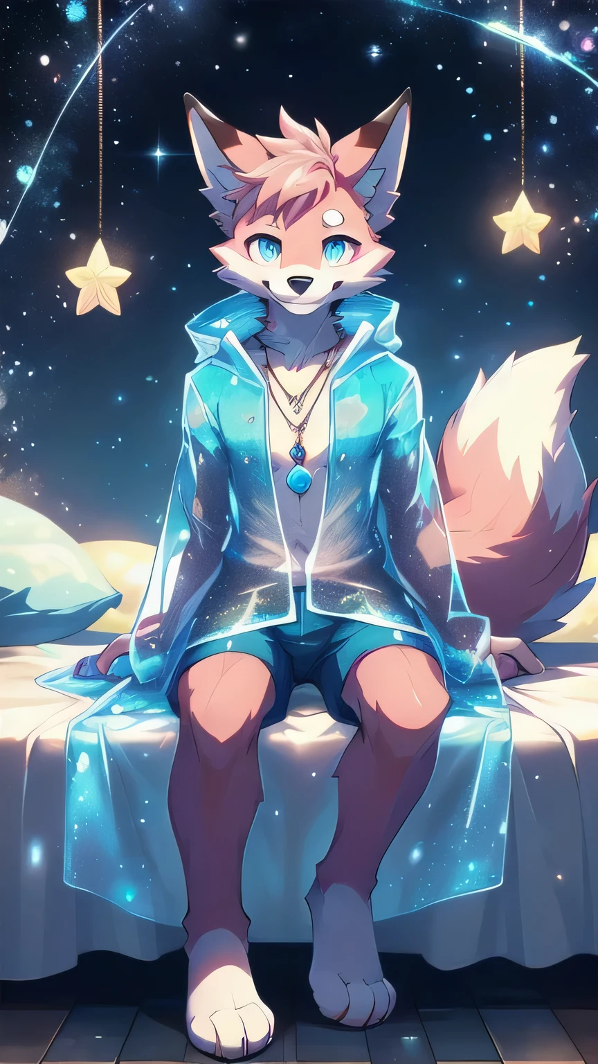 Anthropomorphic fox, In good condition, Pink fur, alone, (Exquisite details), white, Smile, Handsome, OK, transparent raincoat, blue shorts, Night time, sitting on bed, Bubble Magic, Candy clouds, Star decoration, canine, male, giggle, (Slim, exquisite eyes), necklace, full-body shot