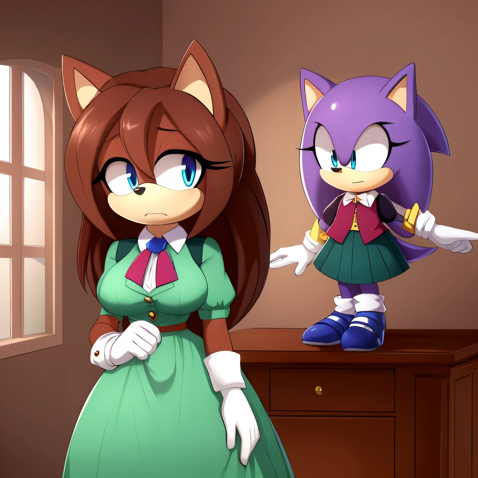 Female, Mobian, Hedgehog, Maroon fur, long hair/quills, breasts, standing, solo, 1girl, blue eyes, masterpiece, best quality, 1girl, solo, average sized breasts, ((looking at viewer)), long skirt, shirt, gloves, long dress, half body, short sleeves, puffy sleeves, collared shirt, white gloves, vest, arm up, black high heels, puffy short sleeves, ascot, buttons, happy, dress, furry, vest, body fur, ascot, blue eyes, furry female, sonic the hedgehog \(series\), perfect anatomy, vest, puffy sleeves, dress, hands held together in a polite manner, house, city view window, motherly figure, (milf sized proportions), some makeup, (((sad and scared))), (embarrassed and confused)