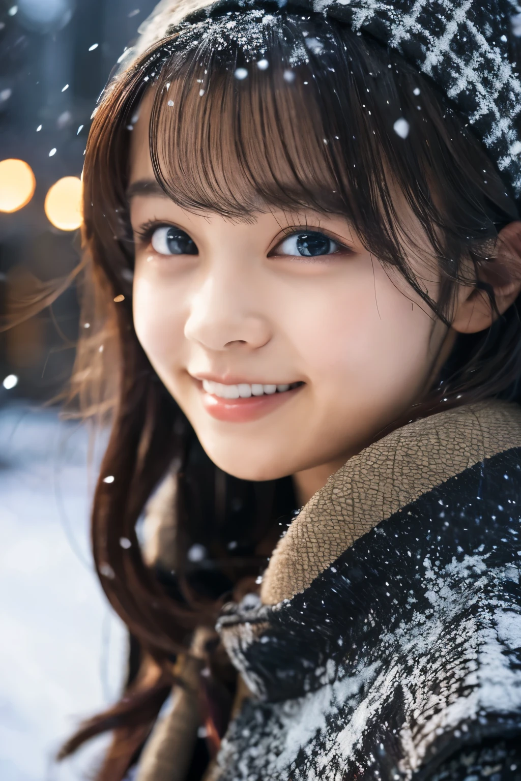 1 girl, (wear a coat:1.2), (Raw photo, highest quality), (realistic, Photoreal:1.4), table top, very delicate and beautiful, very detailed, 2k wallpaper, wonderful, finely, very detailed CG Unity 8K 壁紙, Super detailed, High resolution, soft light, beautiful detailed girl, very detailed目と顔, beautifully detailed nose, detailed and beautiful eyes, cinematic lighting, Illuminations coloring the city on a snowy night, snow scene, It&#39;s snowing, snow in my hair, perfect anatomy, tense air, straight long hair, looking at the viewer, slight smile, Hokkaido Serial Murder, Disappear in Okhotsk, tracking