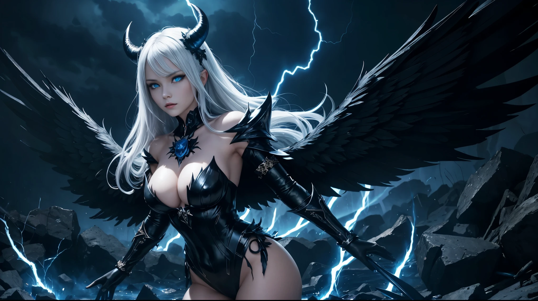 Ultra-detailed Russian girl,  ago, angel, Fallen angel, Black angel, (2 big wings folded), Black feather, Platinum blond, beautiful breasts, (blue eyes), showing great cleavage, darkness, Evil creature, skull, Black thorn hair ornament, blue roses, Dark blue armor, Black Crown Her demon wings on her back and demon horn give her an invincible aura as she unleashes a powerful wave of destruction with a single gesture. Fire, flames, blue lightning, thunderstorm, waterfalls, blue Moon, dark night, naked body