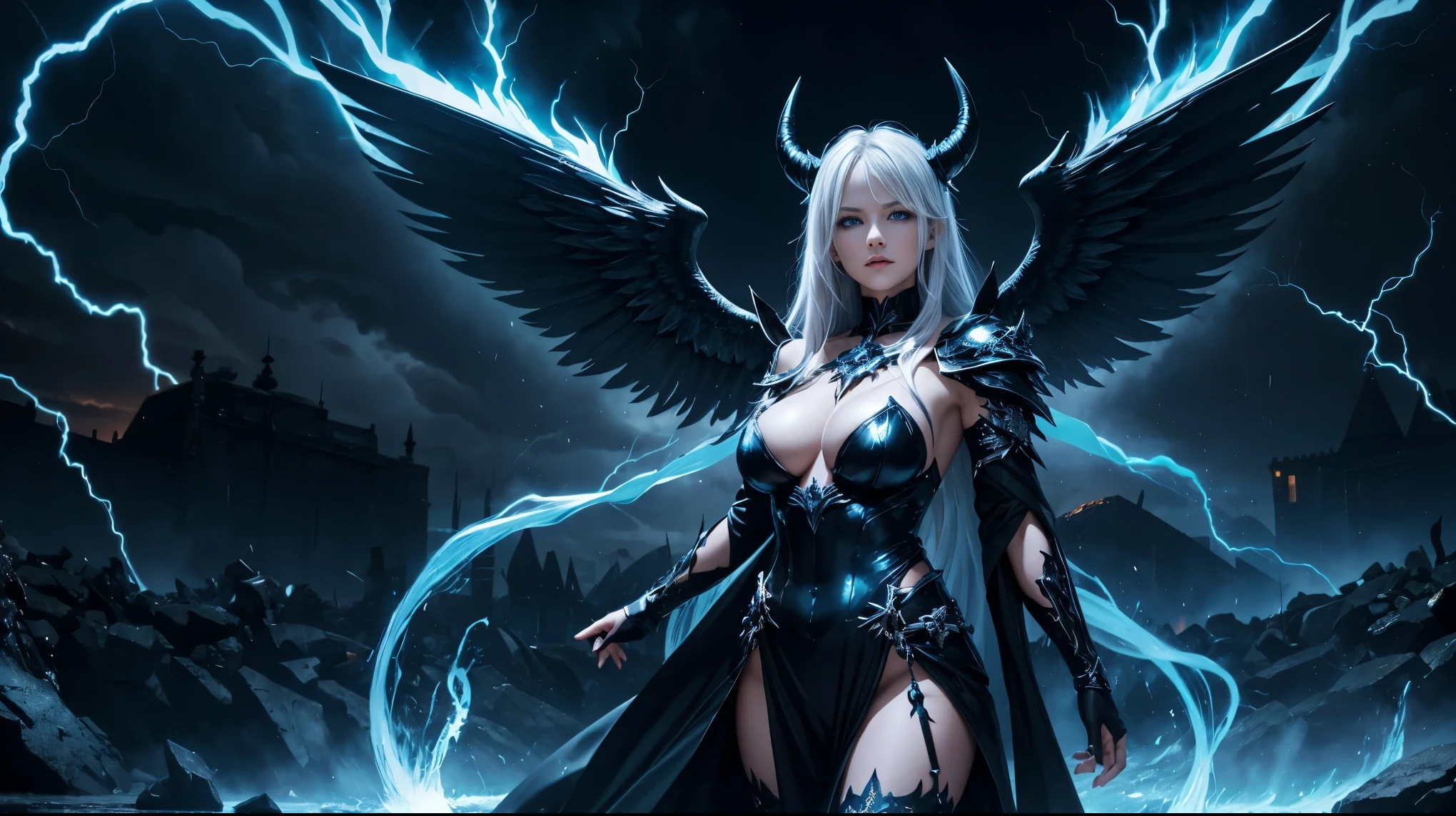 Ultra-detailed Russian girl, 15 years ago, angel, Fallen angel, Black angel, (2 big wings folded), Black feather, Platinum blond, beautiful breasts, (blue eyes), showing great cleavage, darkness, Evil creature, skull, Black thorn hair ornament, blue roses, Dark blue armor, Black Crown Her demon wings on her back and demon horn give her an invincible aura as she unleashes a powerful wave of destruction with a single gesture. Fire, flames, blue lightning, thunderstorm, waterfalls, blue Moon, dark night, naked body