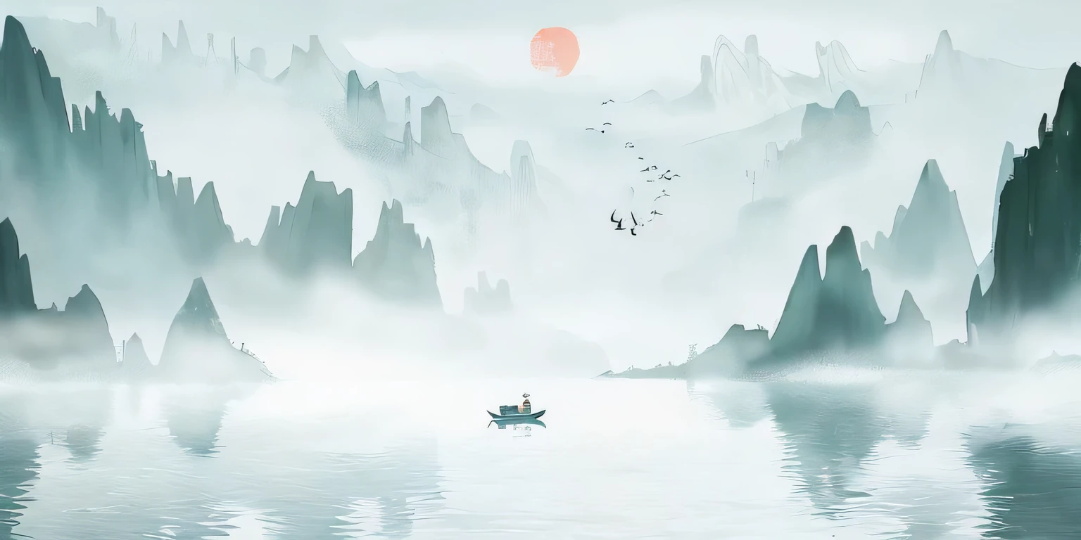 It turns out there is a boat floating on the water,birds flying above, Silhouettes of willow trees swaying in the wind,in peaceful scenery, Chinese landscape, Chinese style, Serenity illustration, Inspired by Ma Yuan, Chinese painting style, peaceful scenery, Chinese watercolor style,peaceful scene, Inspired by Xie Shichen, peaceful scene, Chinese ink painting