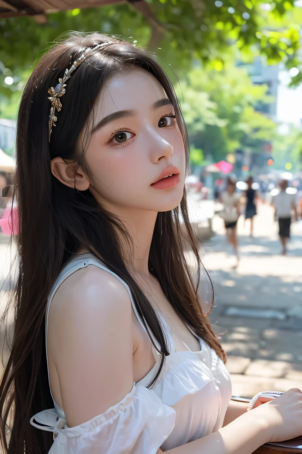 (8k, highest quality, ultra detailed:1.37), (Athena), 18yo, (a free-spirited Javanese girl), embraces the bohemian festival atmosphere. She wears a summer dress. The high-resolution image captures ultra-detailed realism, highlighting Athena's captivating eyes, long eyelashes, and smooth complexion. The vibrant festival setting adds an energetic and colorful backdrop to showcase Dina's carefree and artistic personality.