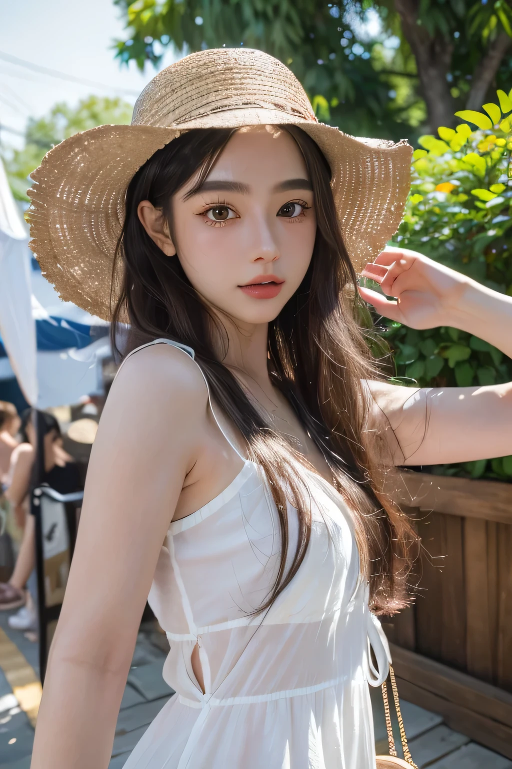 (8k, highest quality, ultra detailed:1.37), (Athena), 18yo, (a free-spirited Javanese girl), embraces the bohemian festival atmosphere. She wears a summer dress. The high-resolution image captures ultra-detailed realism, highlighting Athena's captivating eyes, long eyelashes, and smooth complexion. The vibrant festival setting adds an energetic and colorful backdrop to showcase Dina's carefree and artistic personality.